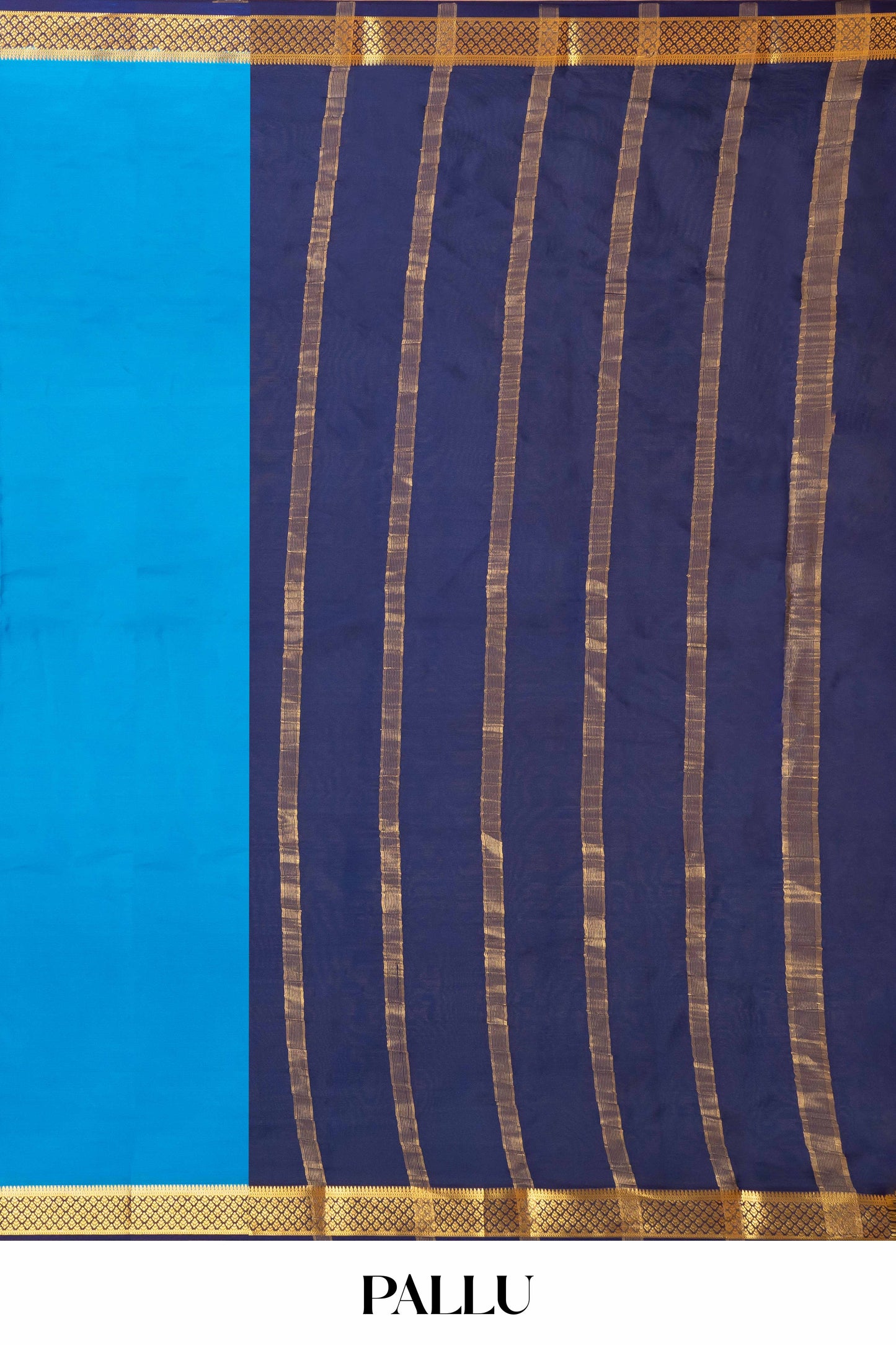 Elegant Sky Blue Pure Mysore Silk Saree with Rich Gold Zari Contrast Border, Subtle Butta Detailing & Deep Navy Blue Pallu