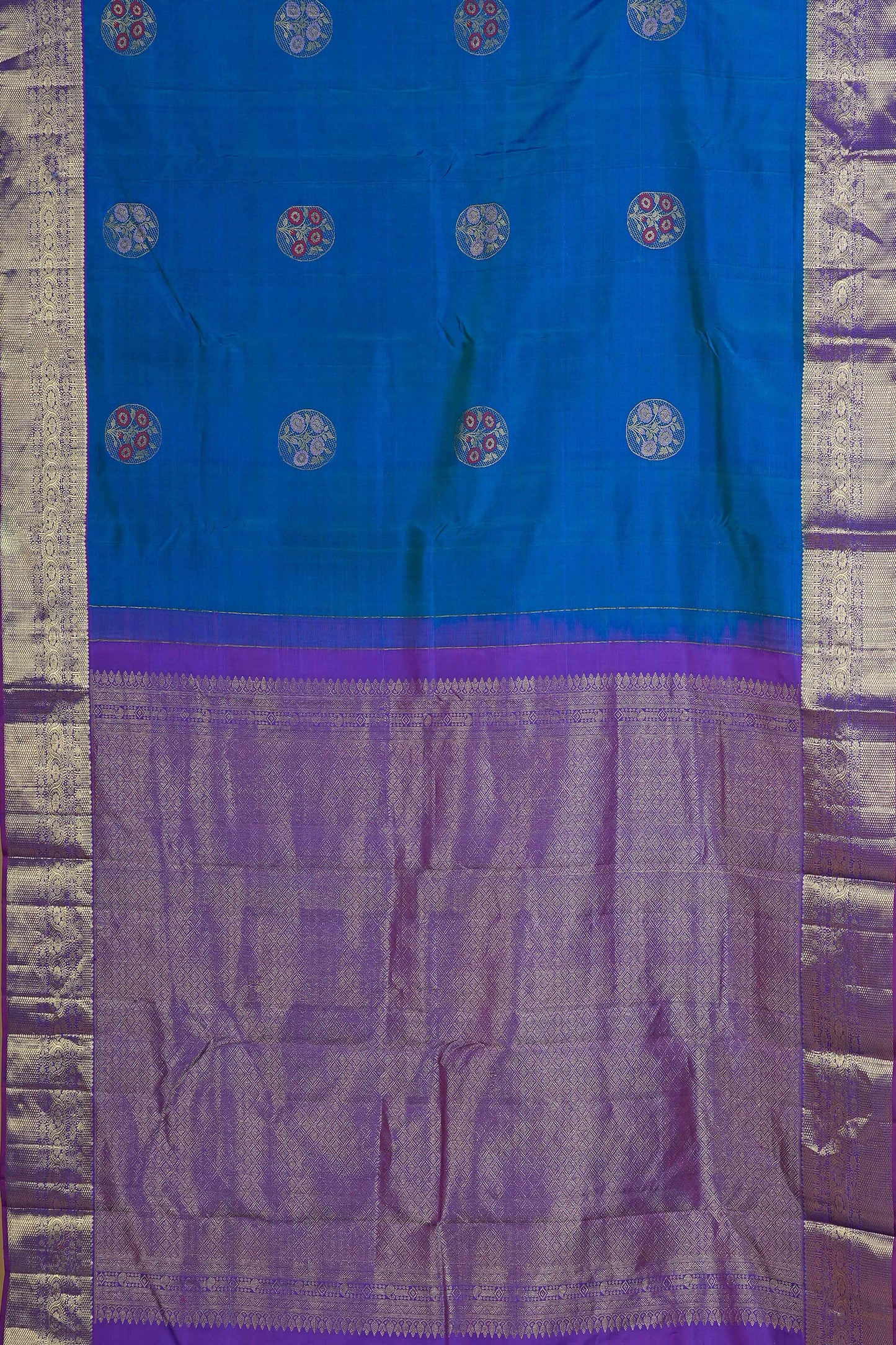 Royal Blue & Silver Contrast Kanchipuram Pure Silk Saree with Zari Body Buttas