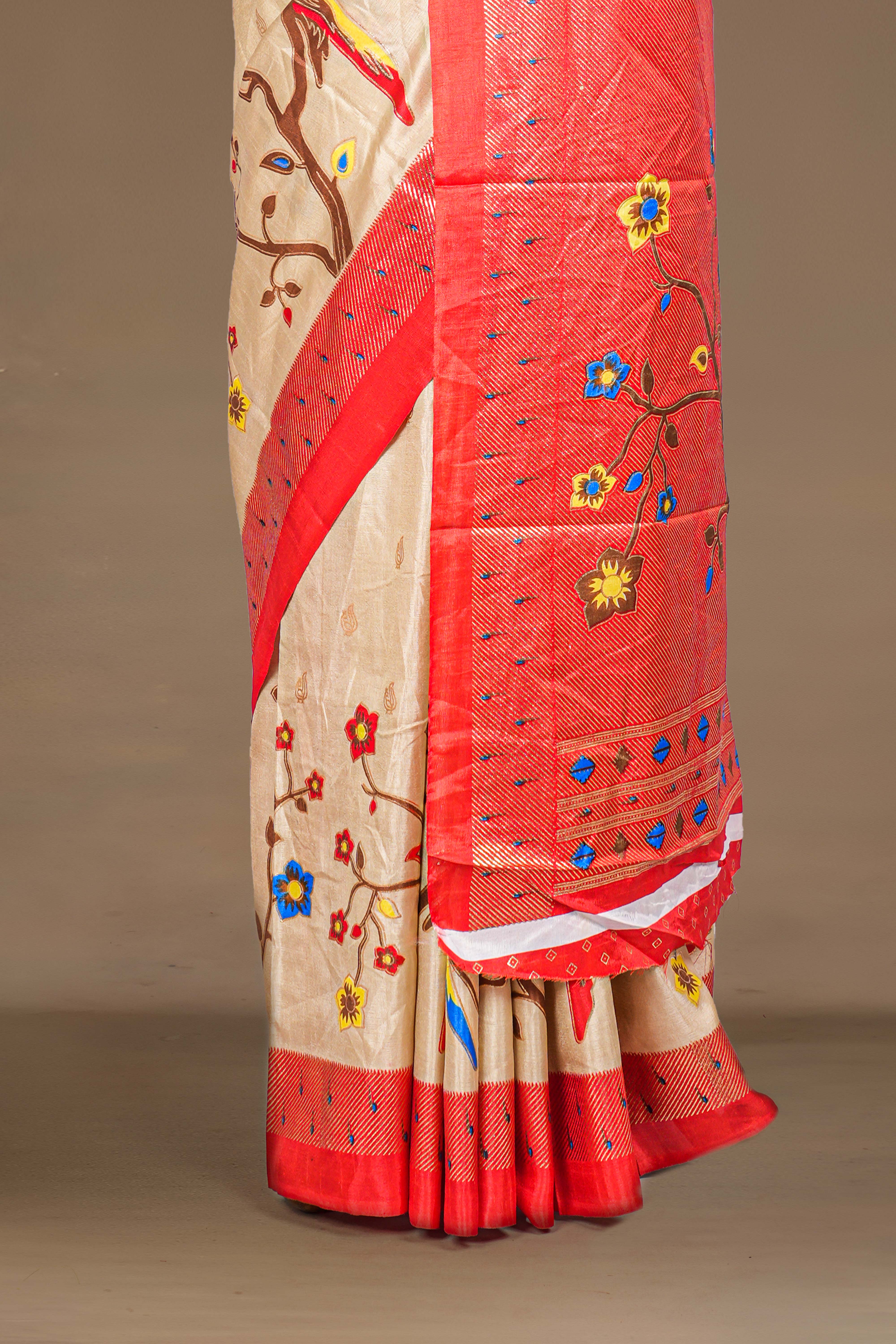 Semi Banaras Paithani Saree Foil Print Across The Body With Contrast Pallu