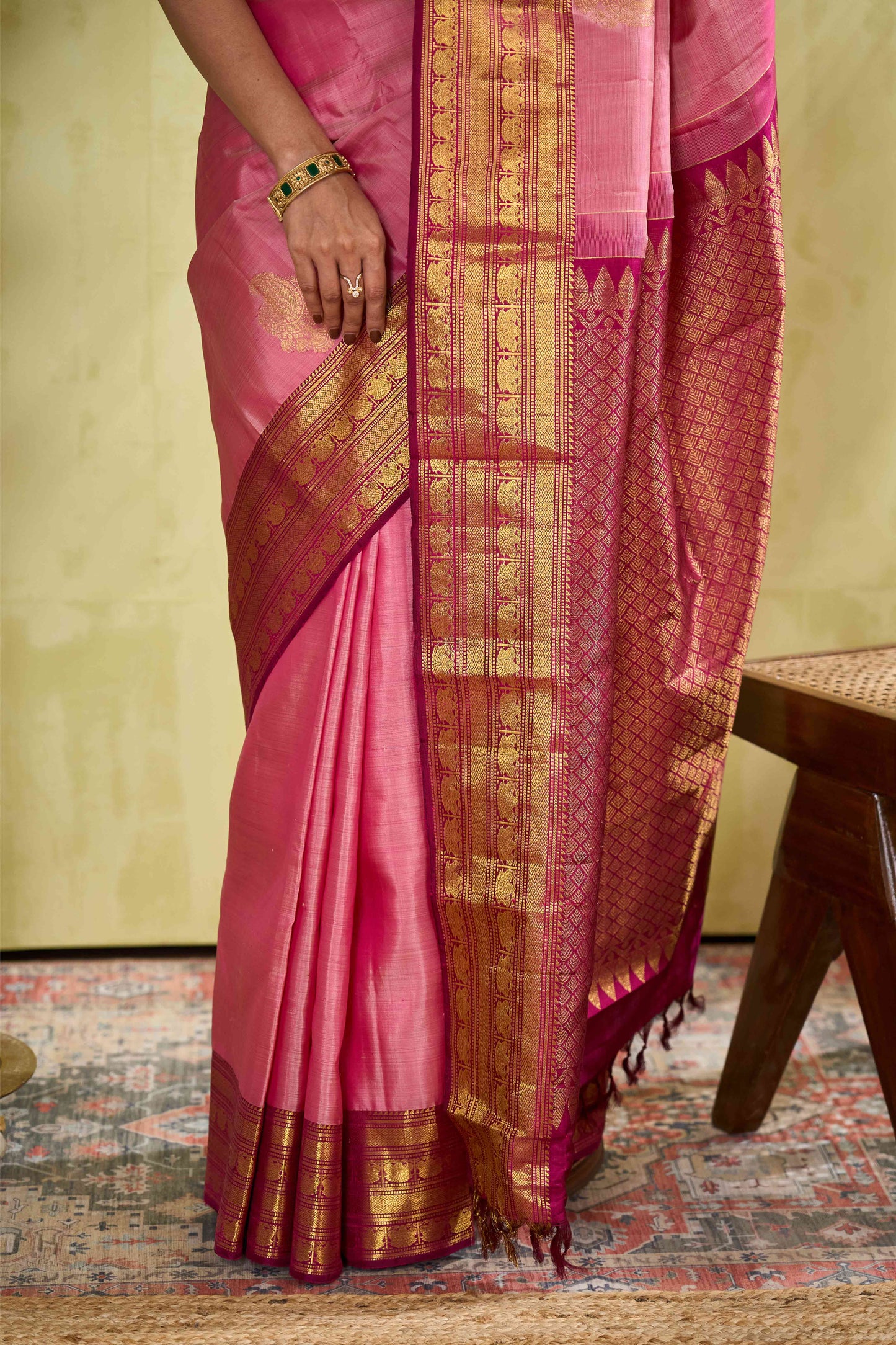 Kanchipuram Traditional Silk Saree in Baby Pink with Contrast Maroon Border