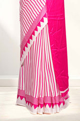 White Modal Silk Saree Lightweight Contrast Vertical Line Printed With Temple Border Circle Butta Design Pallu