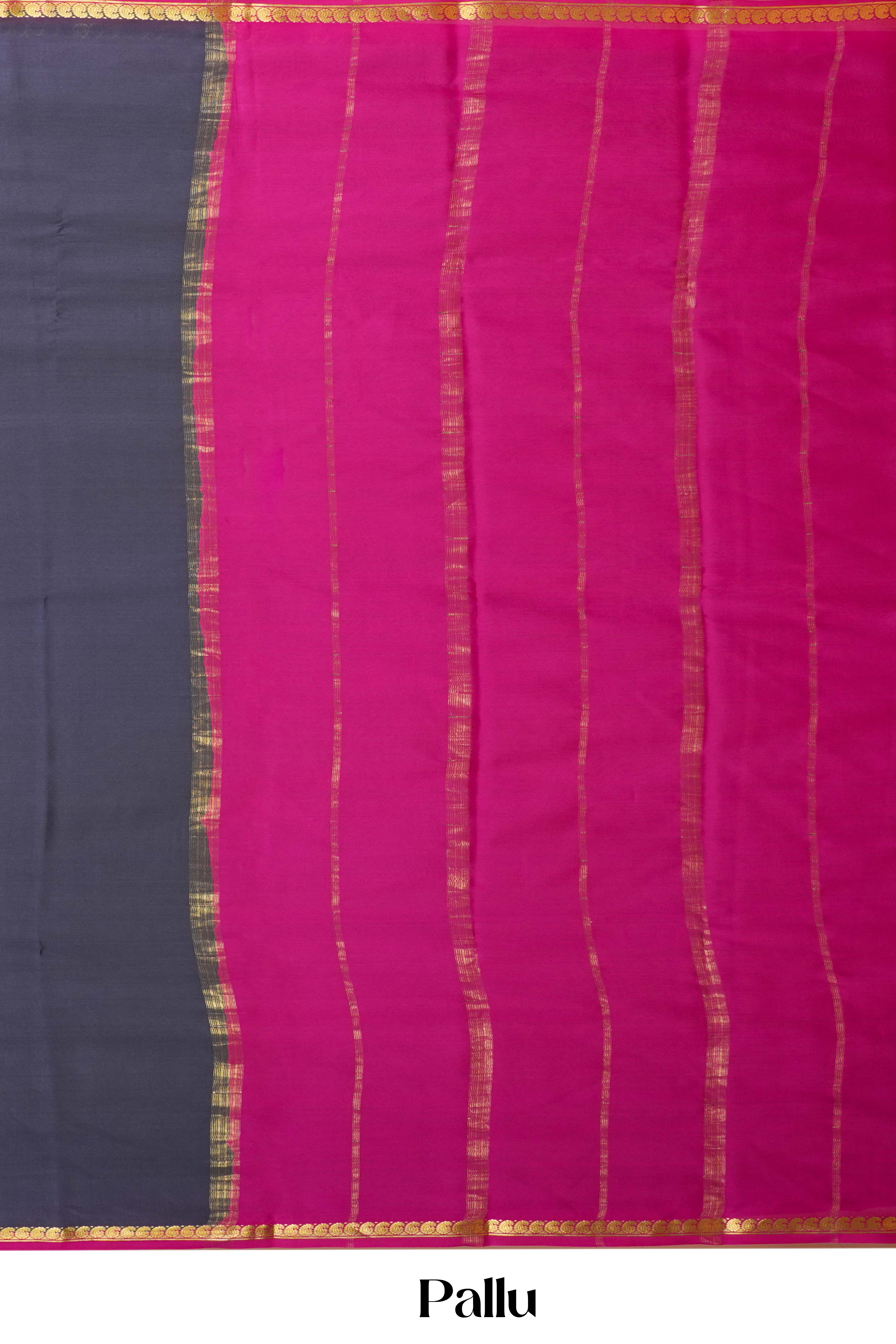 Pure Mysore Silk Saree in Charcoal Black with Contrast Pink-Gold Border and Rich Magenta Pallu