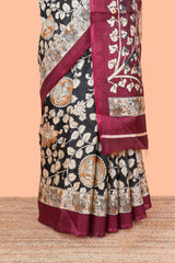 Black floral vine kalamkari style south cotton saree with contrast border and blouse