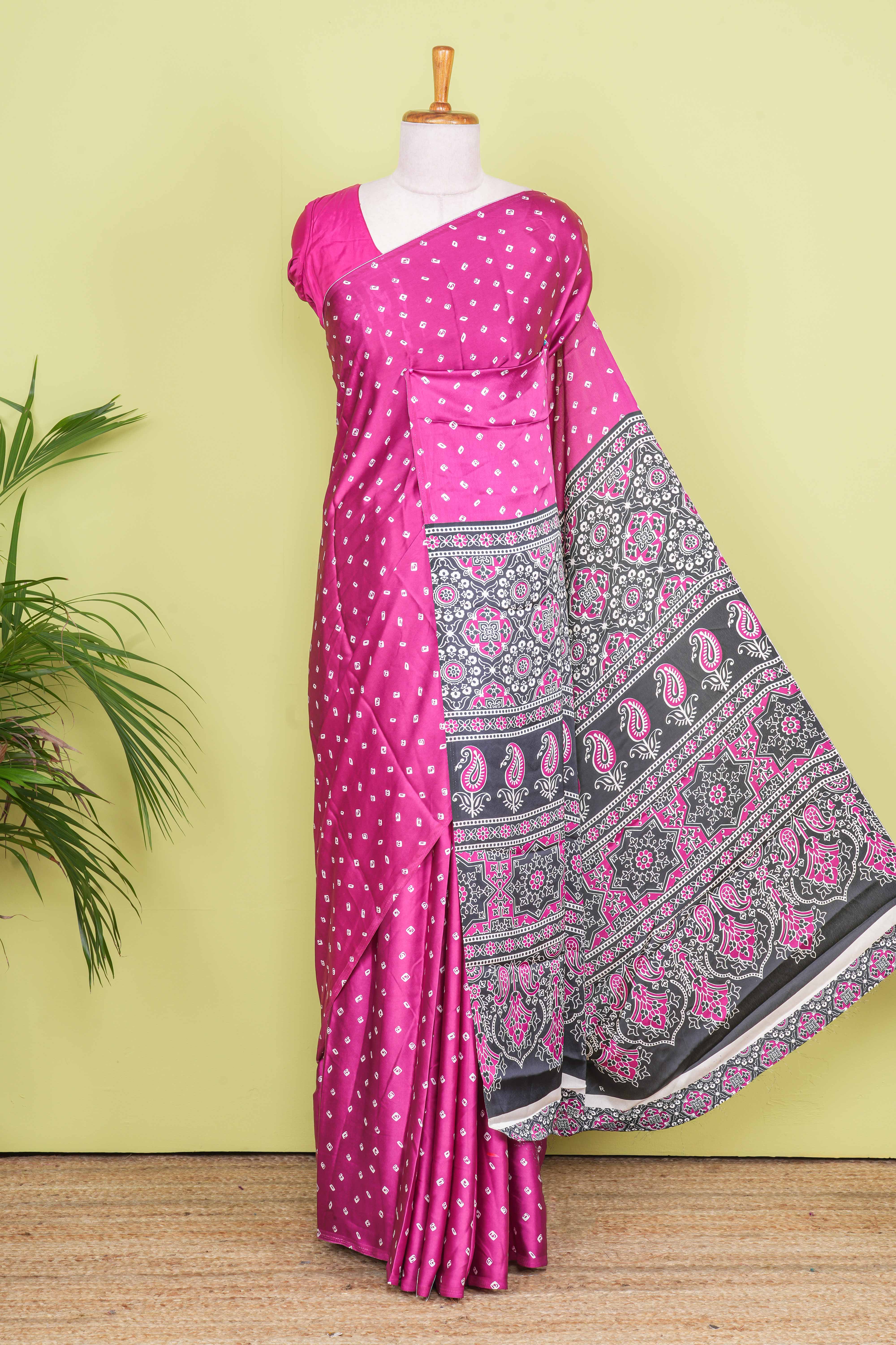 Pink Modal Silk Saree Bandhani Print Across The Body With Ajrakh Design Pallu Along With Blouse