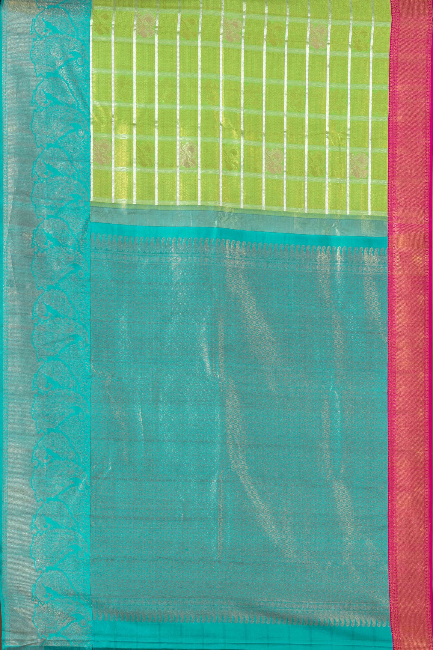 Lime Green Kancheepuram Pattu With Teal Blue Zari Border And Pink Contrast Pallu
