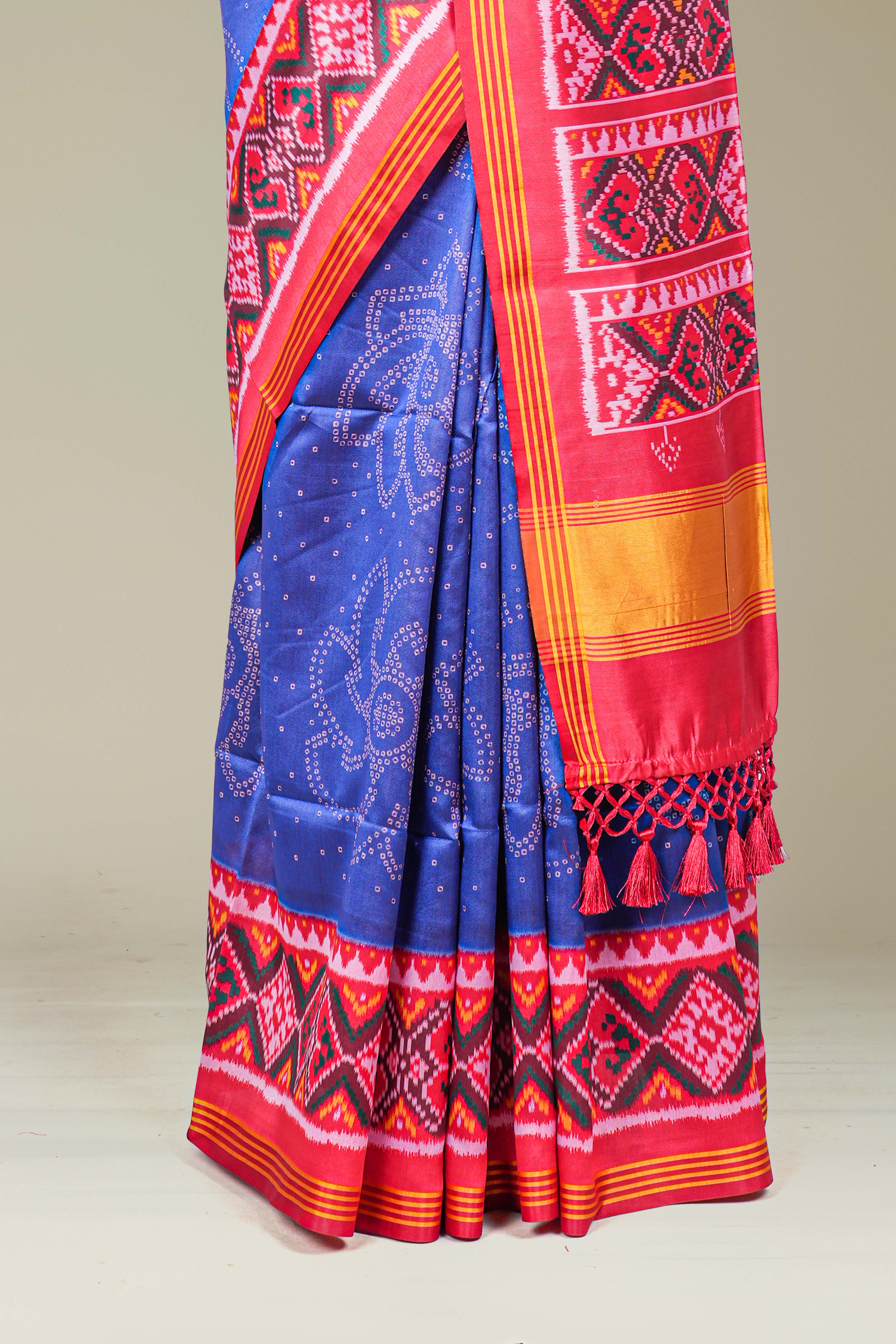 Blue Art Silk Saree Bandhani Design Across The Body With Contrast Patola Design Pallu Along With Blouse