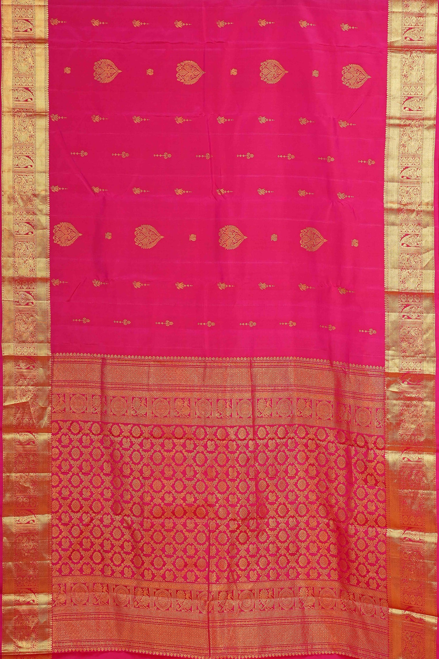 Rani Pink & Gold Self-Butta Kanchipuram Pure Silk Saree with Rich Zari Border
