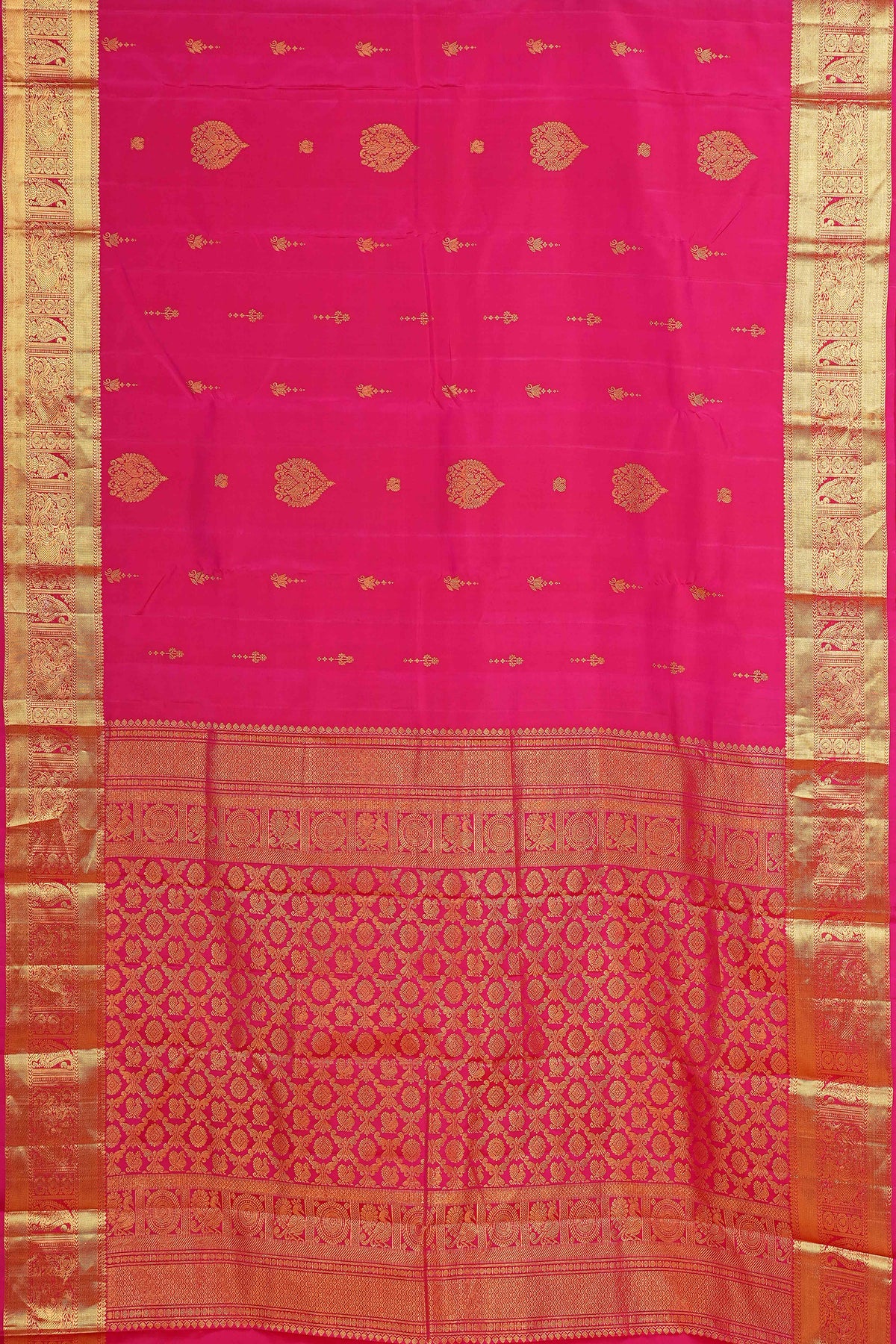 Rani Pink & Gold Self-Butta Kanchipuram Pure Silk Saree with Rich Zari Border