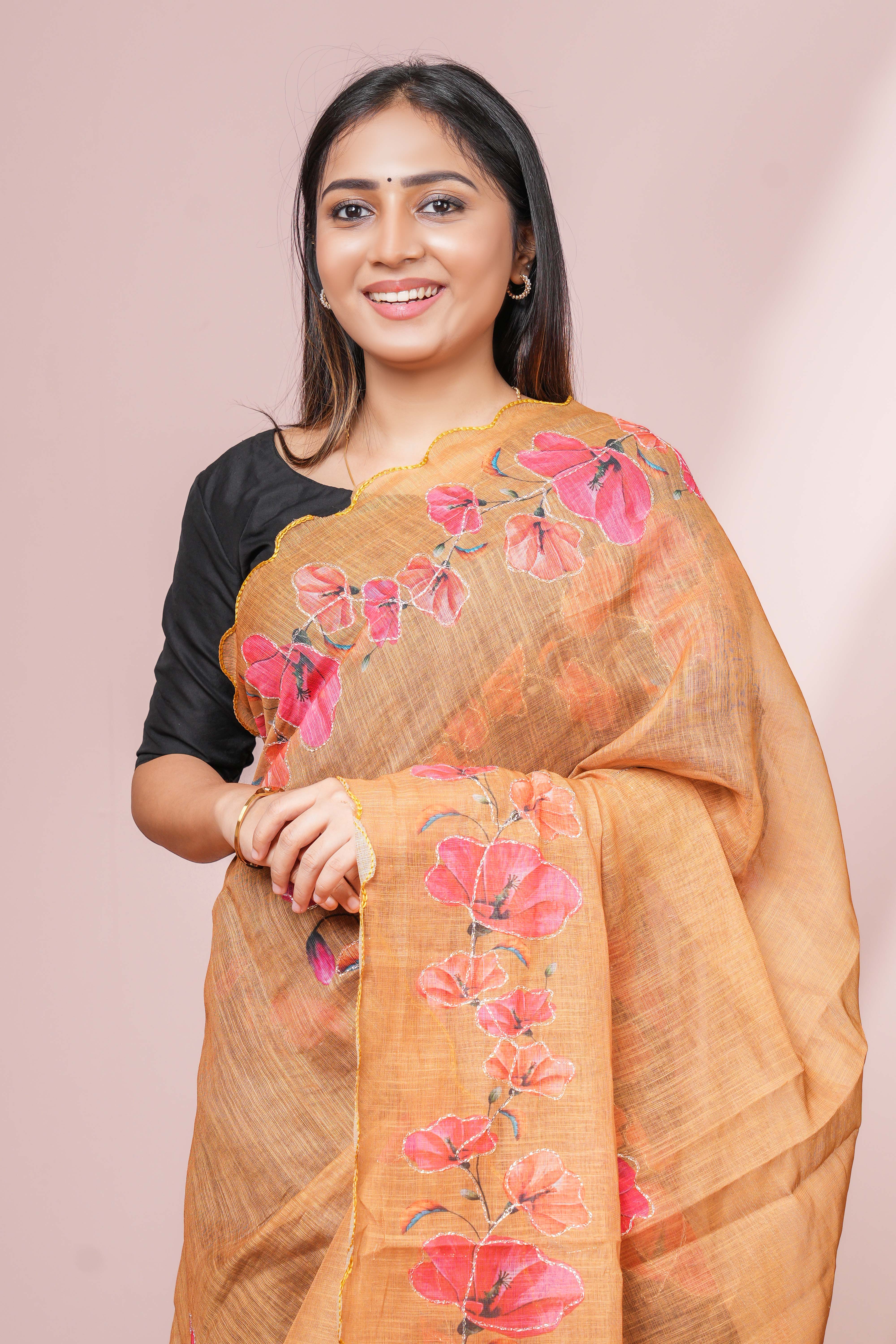 Mustard Yellow Linen Saree Elegant Floral Print With Aari Work Across The Body Scallop Border Along With Contrast Floral Design Blouse