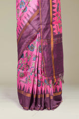 Pink chanderi Saree Floral Vine Design Across The Body With Contrast Pallu