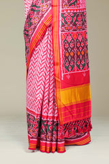 Red Art Silk Saree Chevron Design Across The Body With Contrast BorderPatola Design Pallu Along Blouse