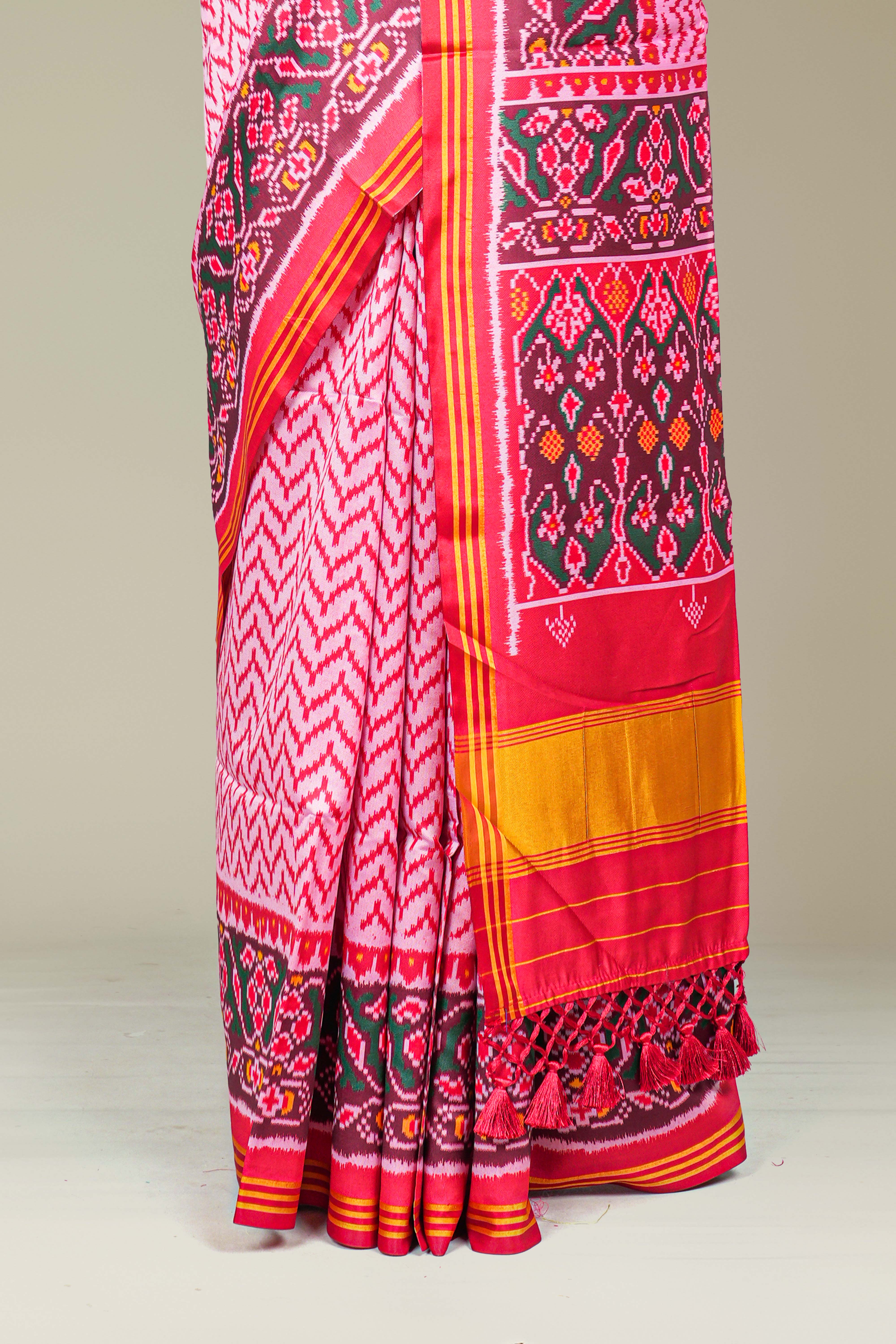Red Art Silk Saree Chevron Design Across The Body With Contrast BorderPatola Design Pallu Along Blouse
