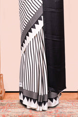 White Modal Silk Saree Lightweight Contrast Vertical Line Printed With Temple Border Circle Butta Design Pallu