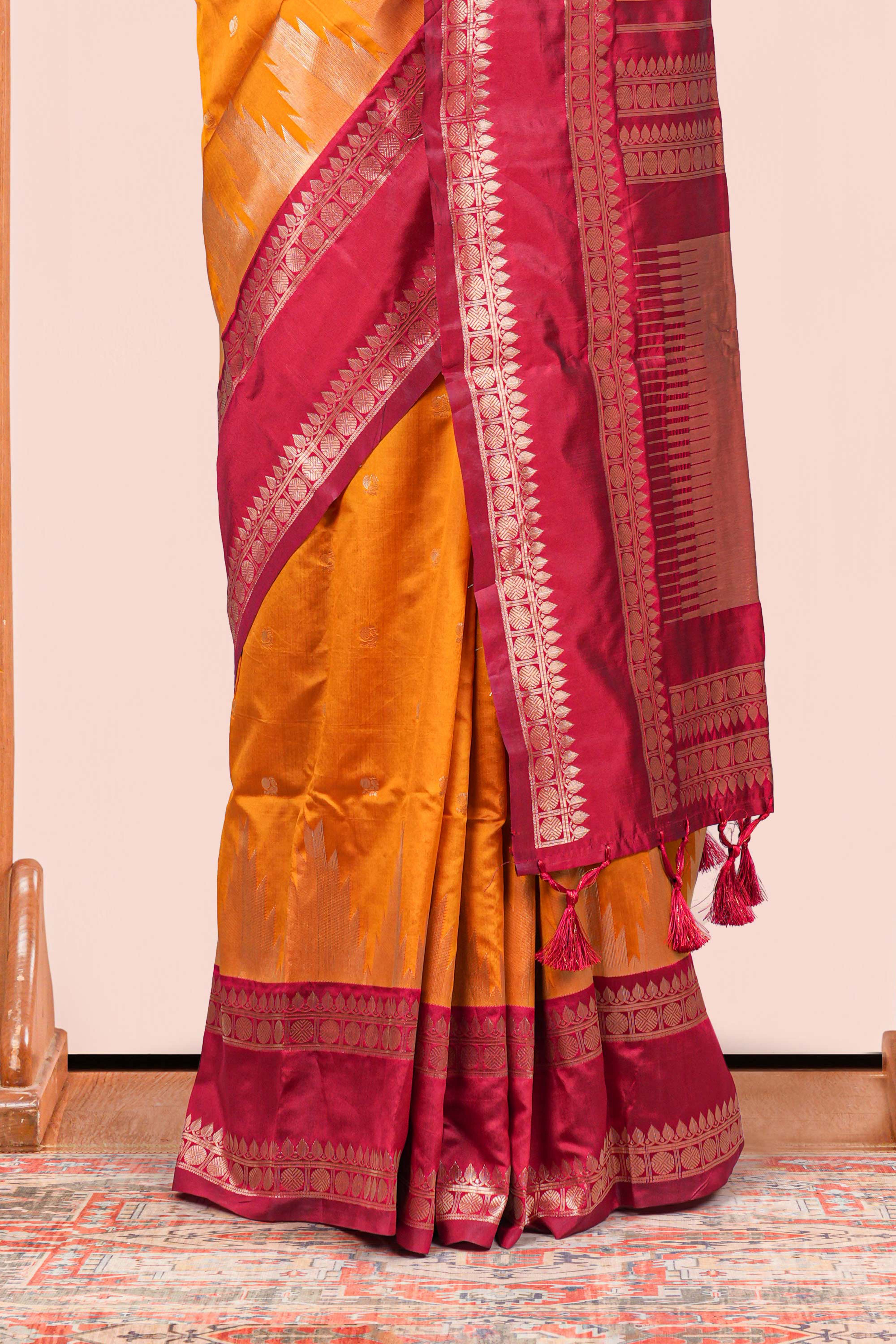 Mustard Yellow Semi Art Silk Saree Golden Zari Motifs Along With Thalampoo Zari Woven Across The Body And Rich Golden Zari Pallu