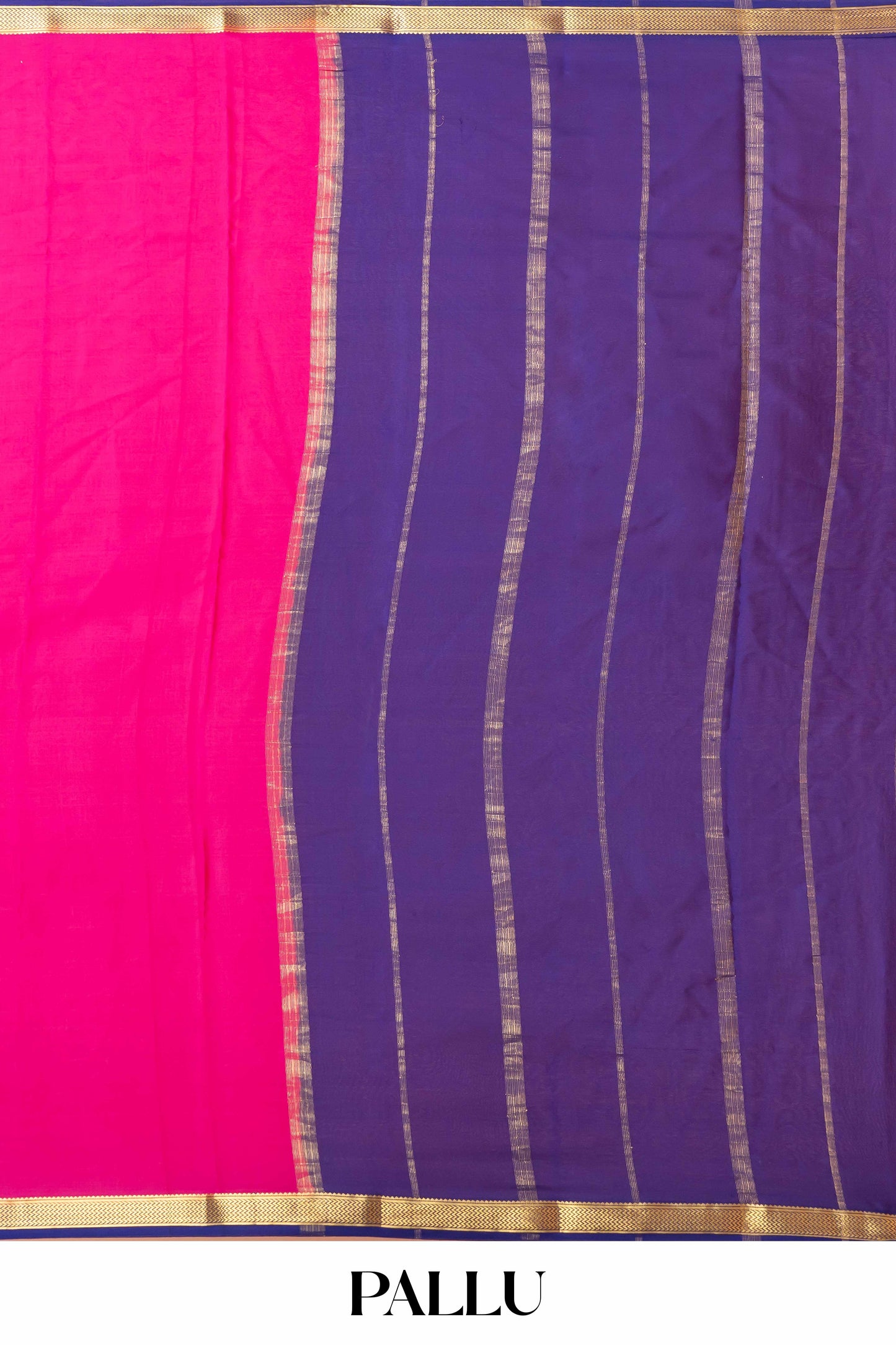 Vibrant Rani Pink Pure Mysore Silk Saree with Contrasting Blue-Gold Zari Border & Elegant Striped Blue-Gold Pallu