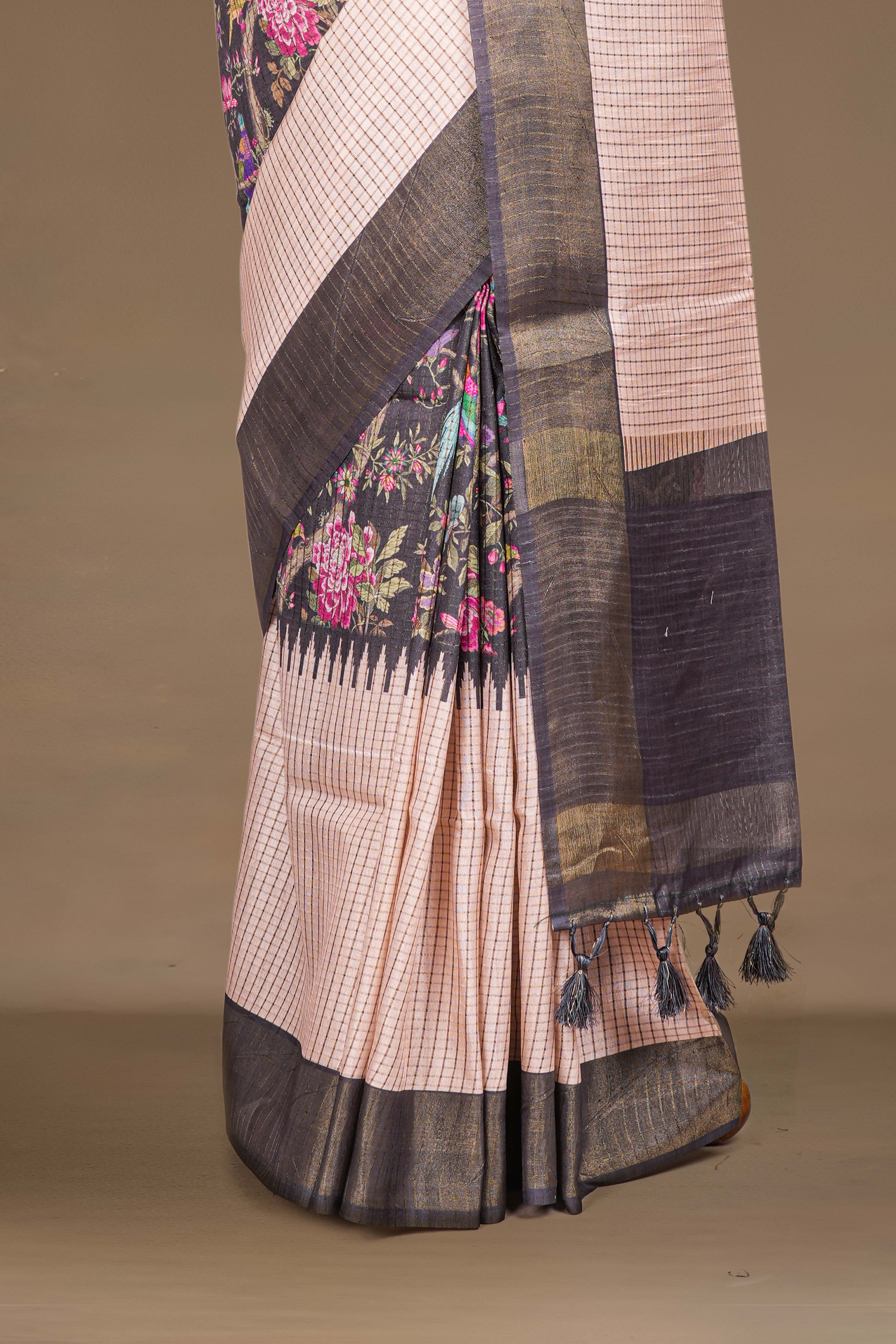 Sandal Art Tussar Saree Check s With Floral Design Across The Body Contrast Pallu With Blouse