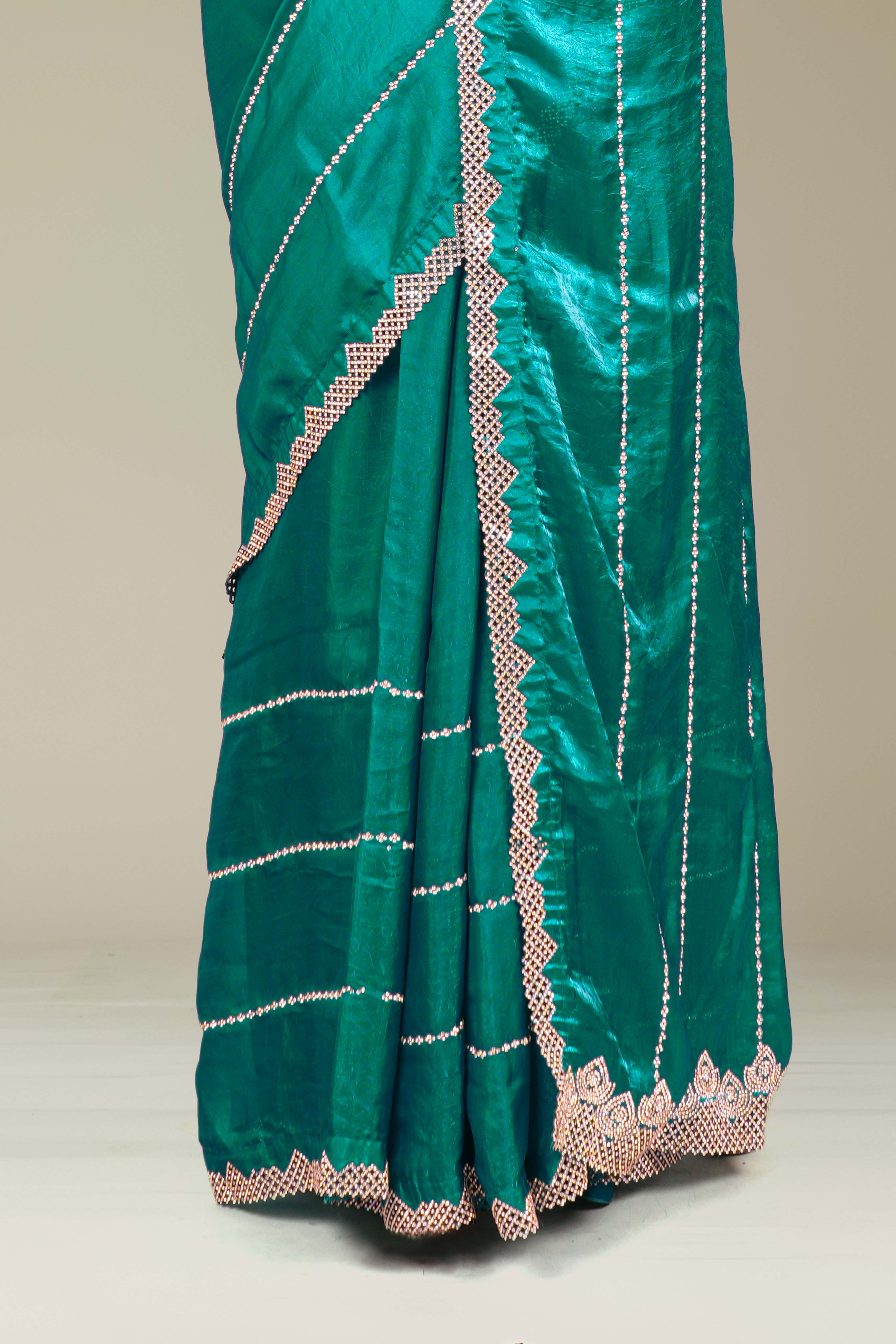 Peacock Green Fendi Satin Saree All -Over Zarkan Diamond Stone Work
