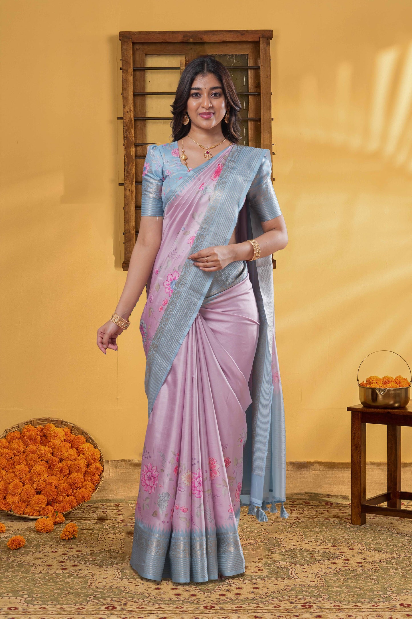 Pink Art Tussar Saree Digital Floral Across The Body & Zari Stripes Pallu