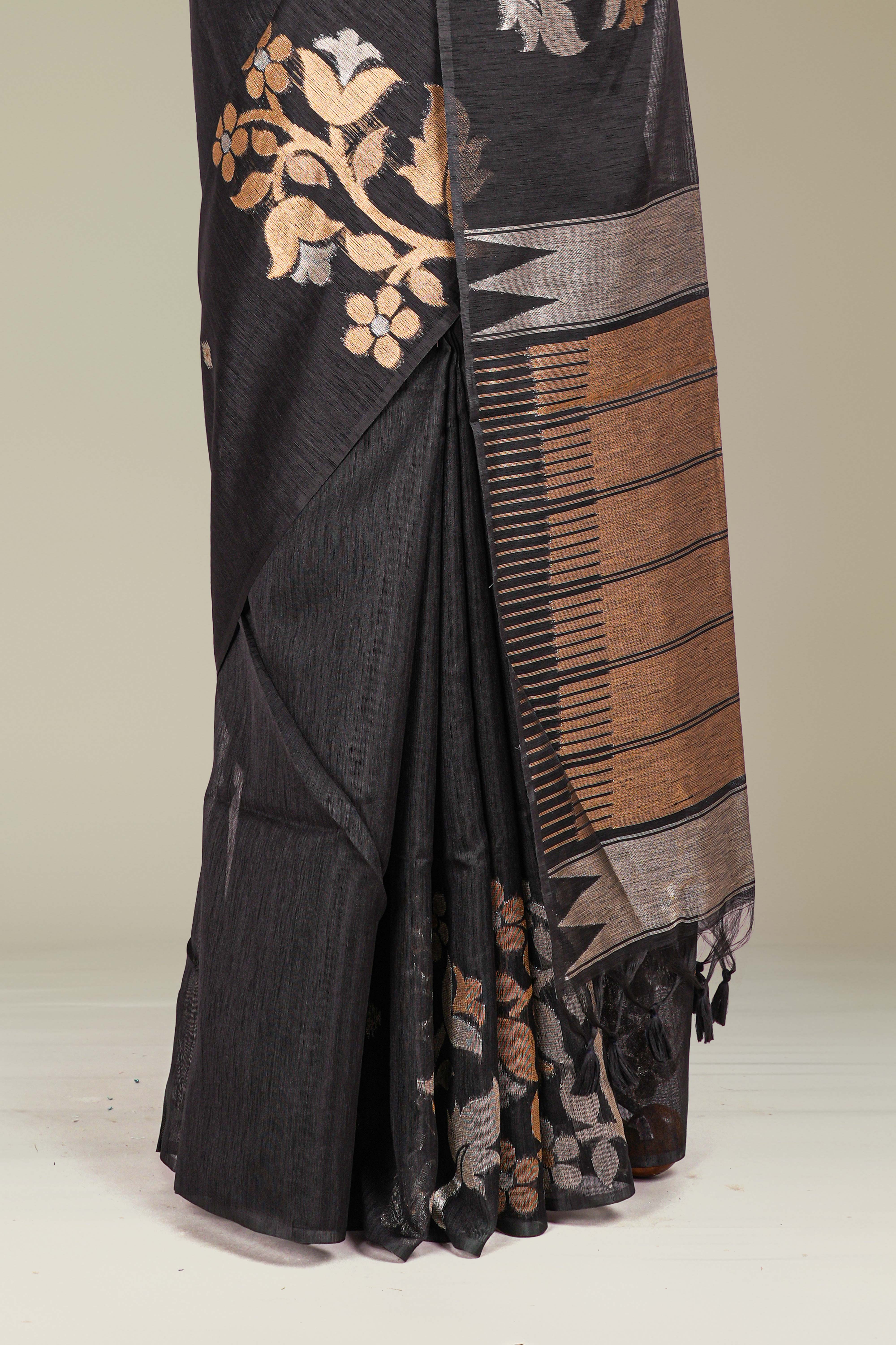Black Munga Cotton Floral Motifs Weaving Across The Body With Gold Zari Stripes Pallu Along With Butta Design Blouse