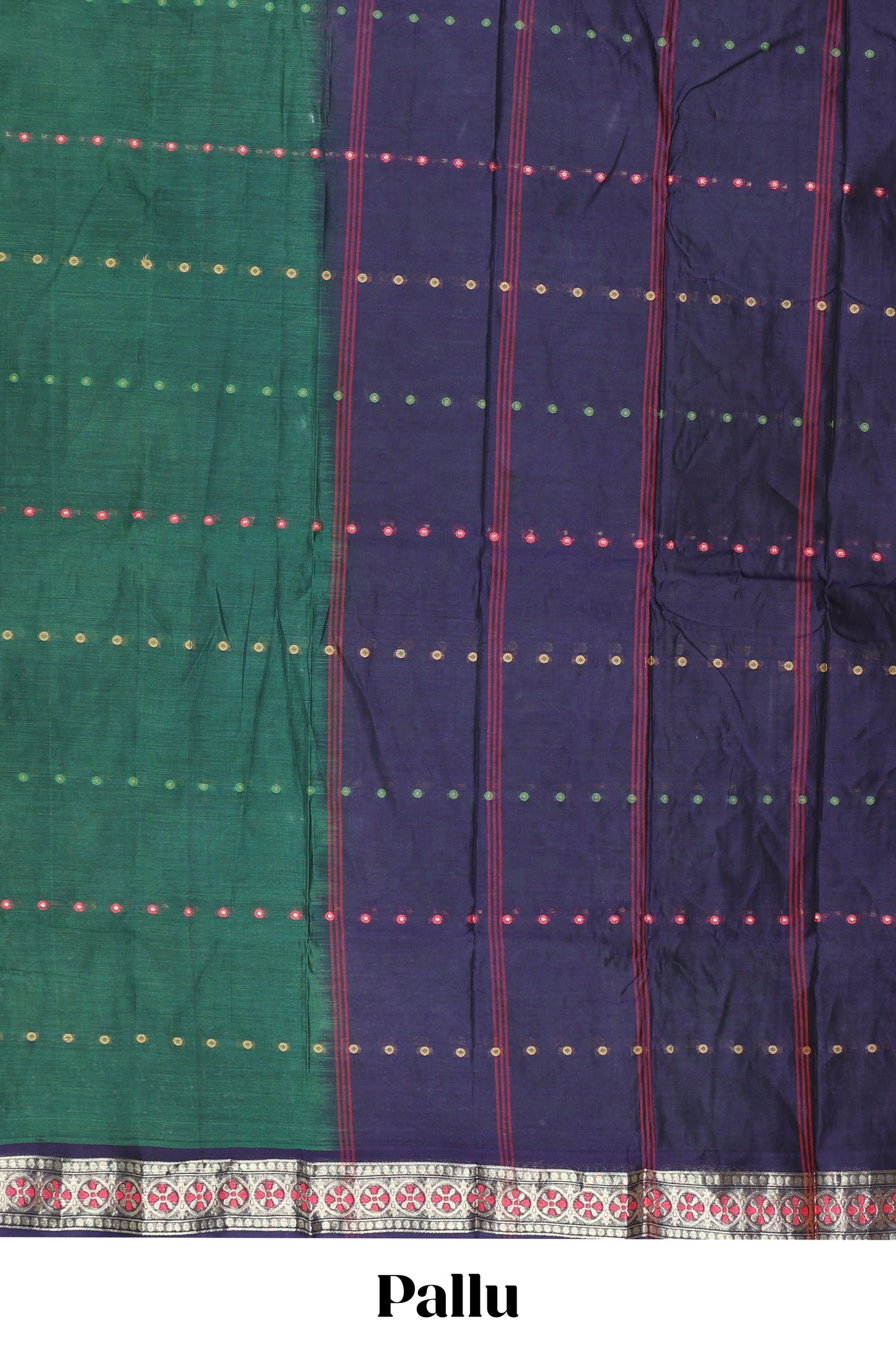 Green small butta bengal cotton saree with contrast zari border and striped pallu