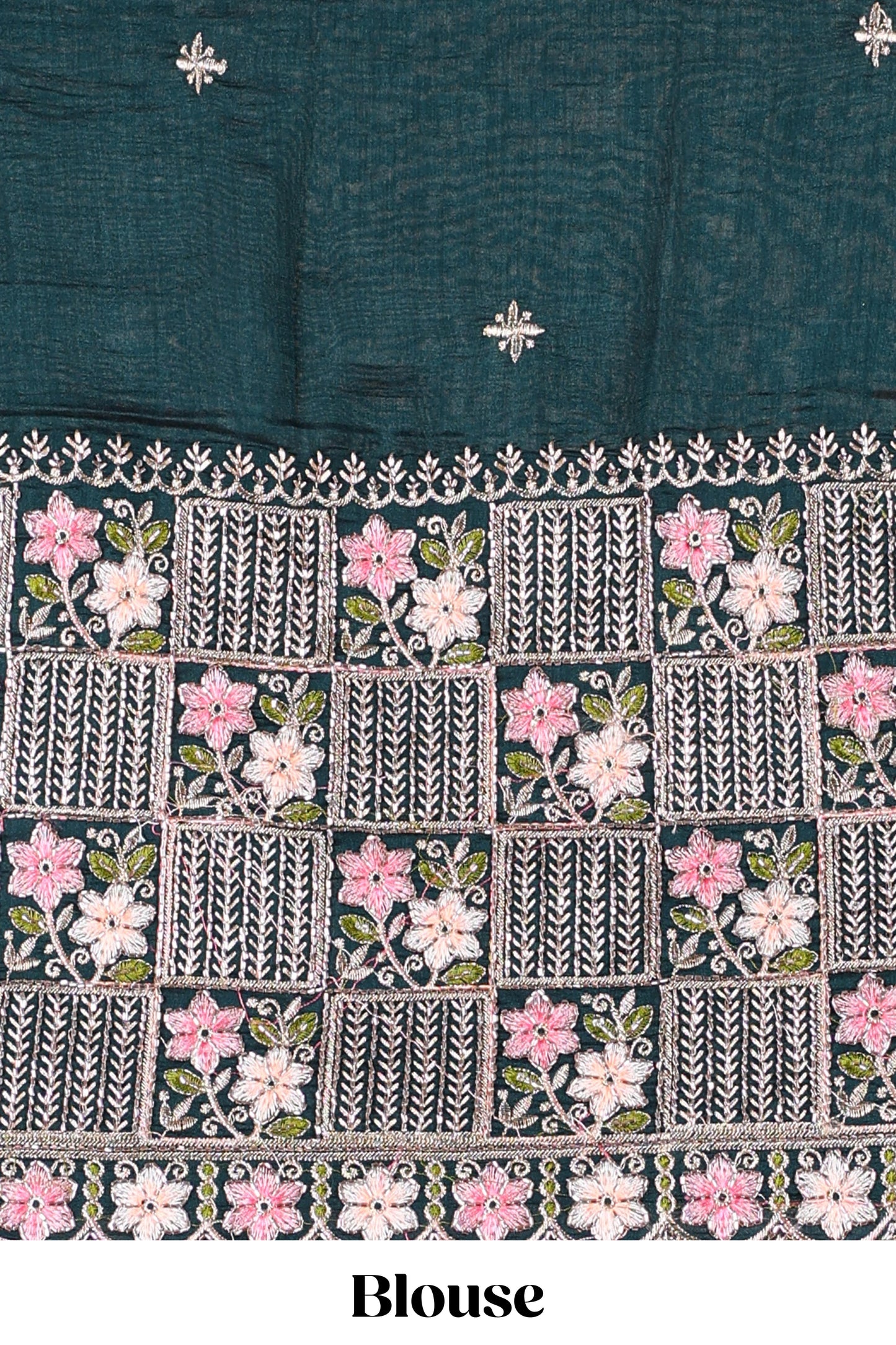 Blue designer georgette space silk saree with heavy stone & beads work, short pallu and contrast sequin embroidered blouse