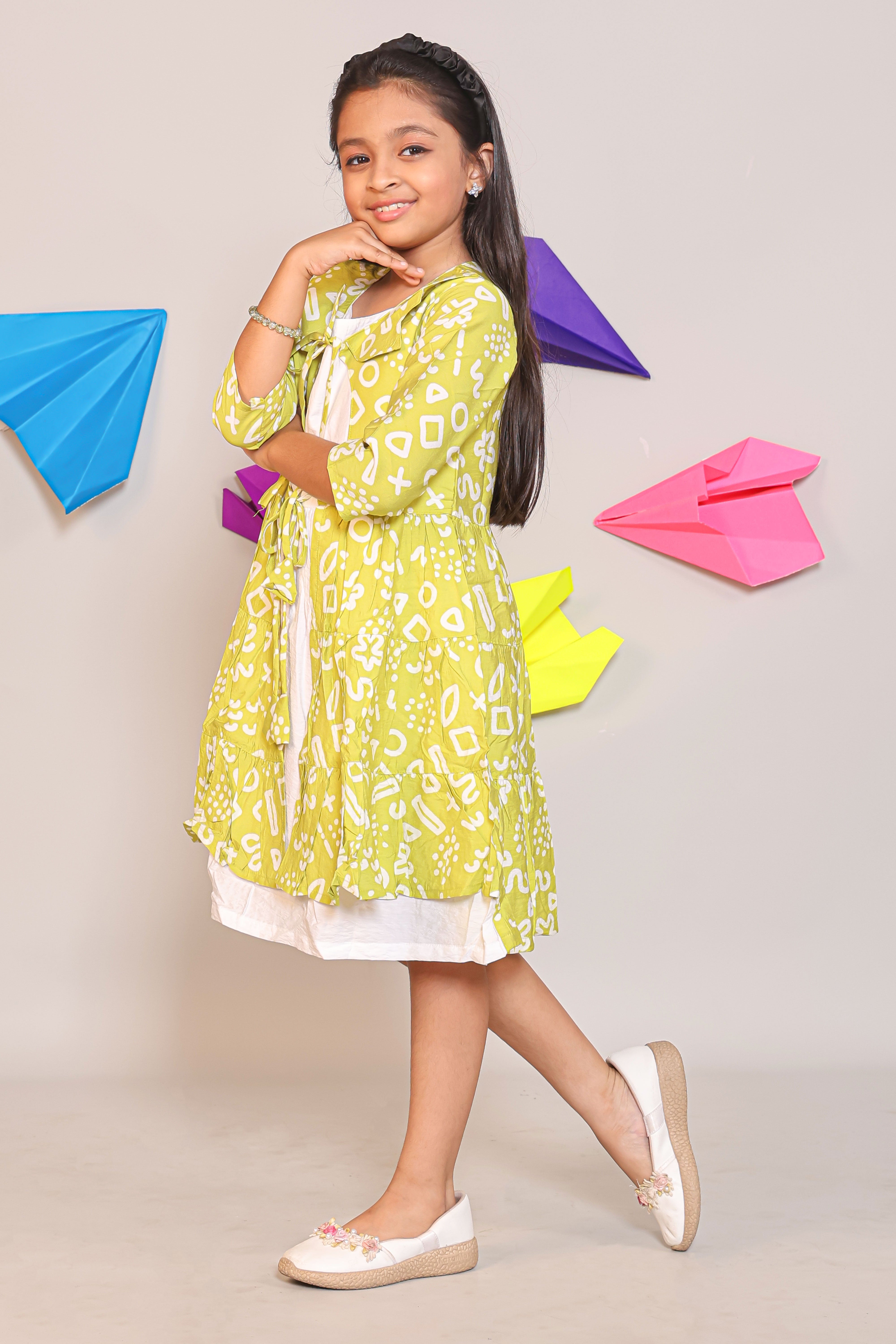 Girls Lime Green Geometric Print 2-Piece Shrug Dress Set
