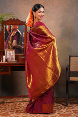 Red Maroon Semi soft Silk Saree Gold Zari Lines and Peacock ButtaswithZari Border and Matching Blouse