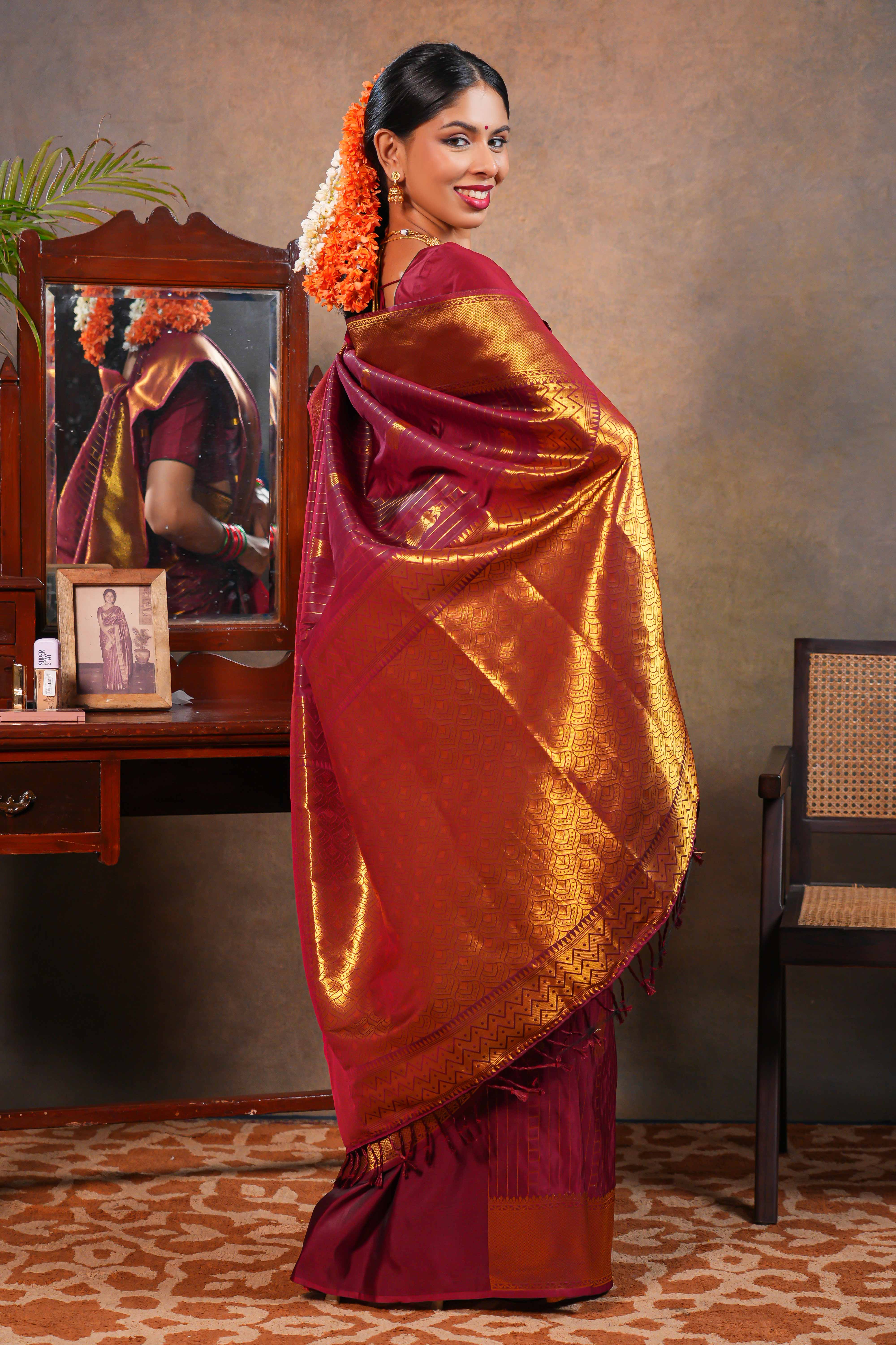 Red Maroon Semi soft Silk Saree Gold Zari Lines and Peacock ButtaswithZari Border and Matching Blouse