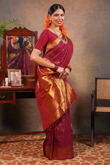 Red Maroon Semi soft Silk Saree Gold Zari Lines and Peacock ButtaswithZari Border and Matching Blouse