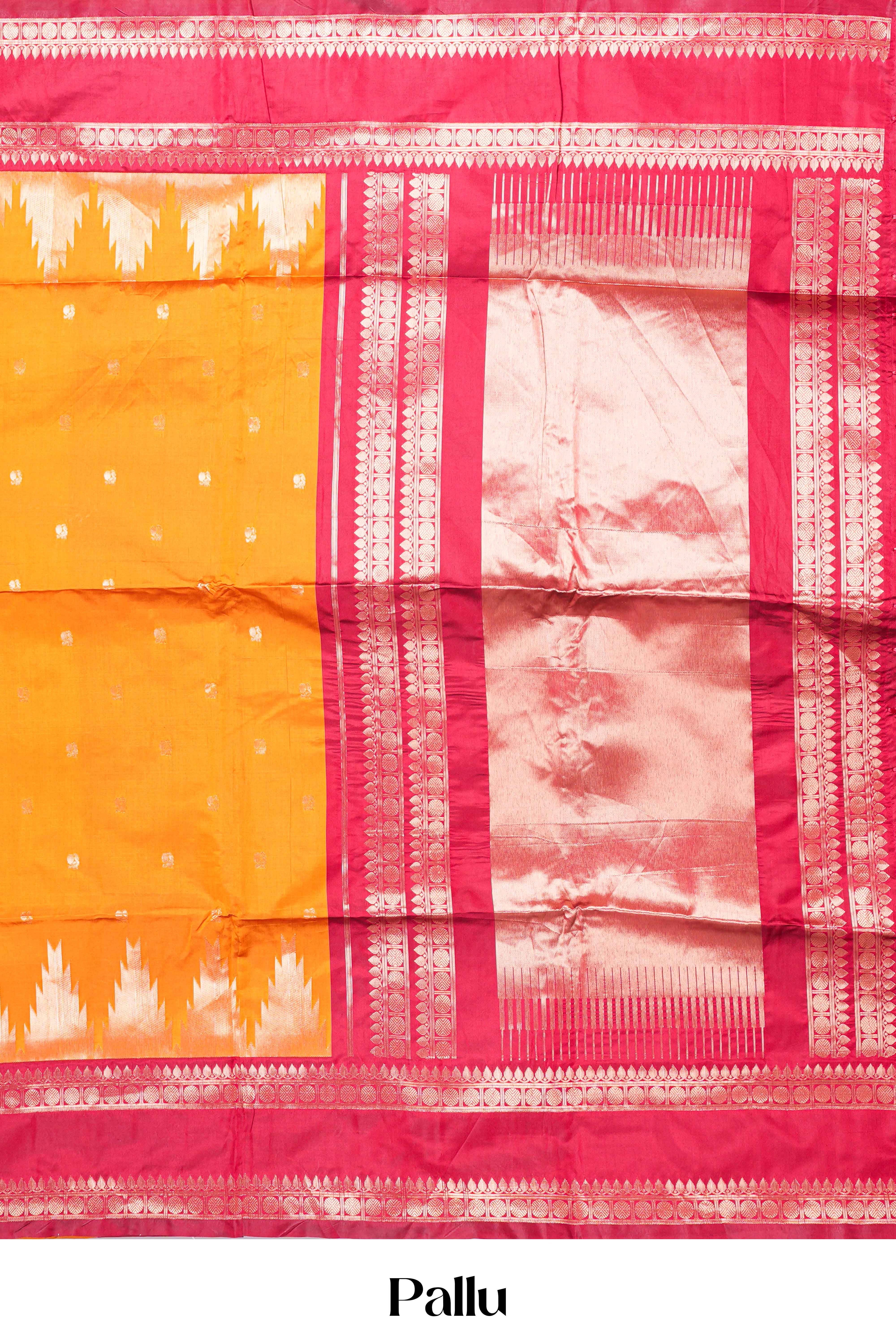 Mustard Yellow Semi Art Silk Saree Golden Zari Motifs Along With Thalampoo Zari Woven Across The Body And Rich Golden Zari Pallu