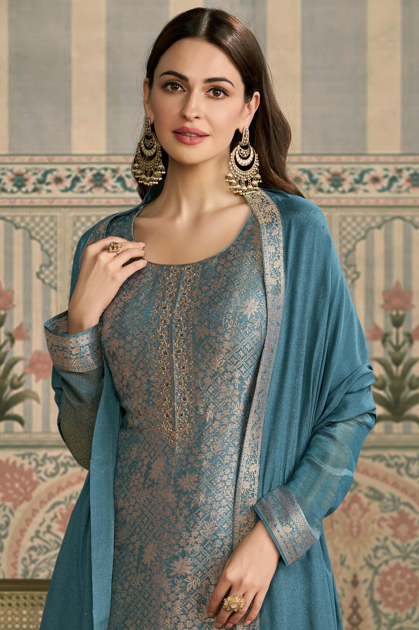 Blue viscose shimmer jacquard chudidhar material set with pant and dupatta