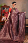 Deep Wine Semi Soft Silk Saree with intricate gold zari floral vine weaving patterns and Rich zari woven pallu with Matching blouse
