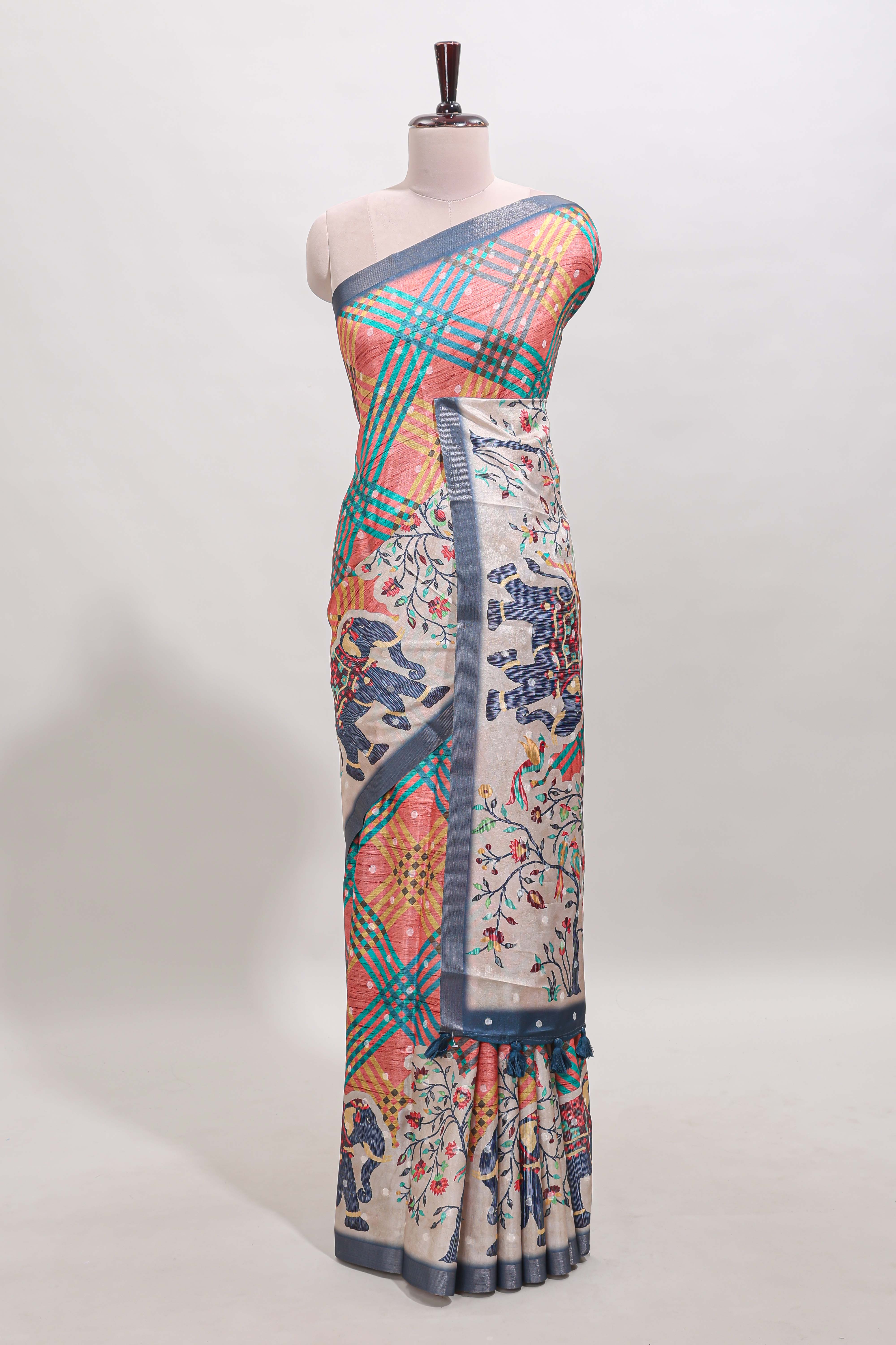 Blue Tussar Saree checkered body artistic elephant and floral prints and contrasting border with tassel along with blouse piece