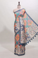 Blue Tussar Saree checkered body artistic elephant and floral prints and contrasting border with tassel along with blouse piece