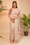 Cream floral design linen cotton saree with self zari border and matching printed blouse
