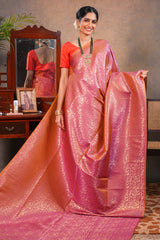 Rose Semi Soft Silk Saree with intricate gold zari floral vine weaving patterns and Rich zari woven pallu with Matching blouse