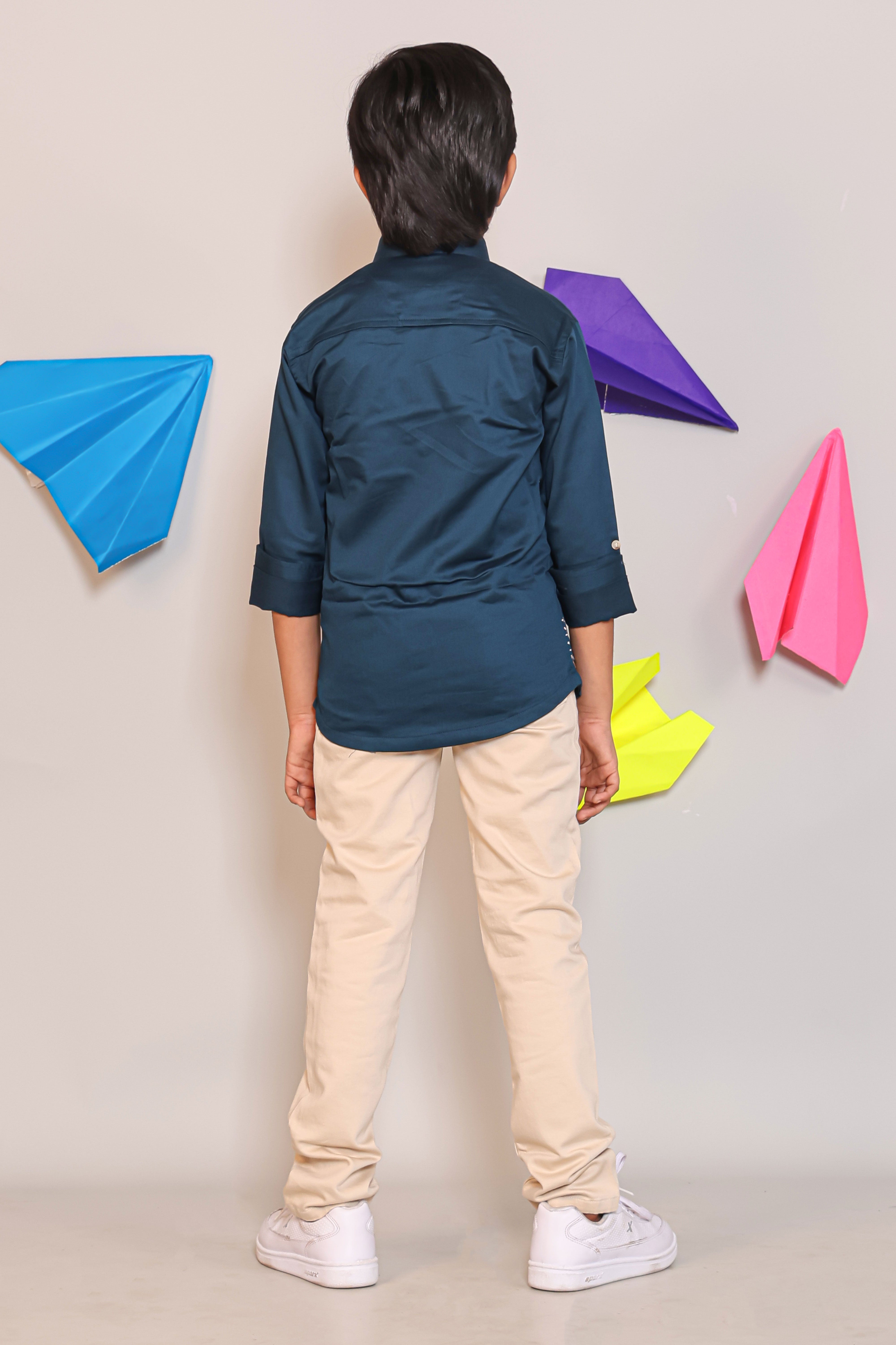 Two Piece Kids Party Wear Outfit - Teal Palm Tree Motif Shirt & Cream Chino Pants