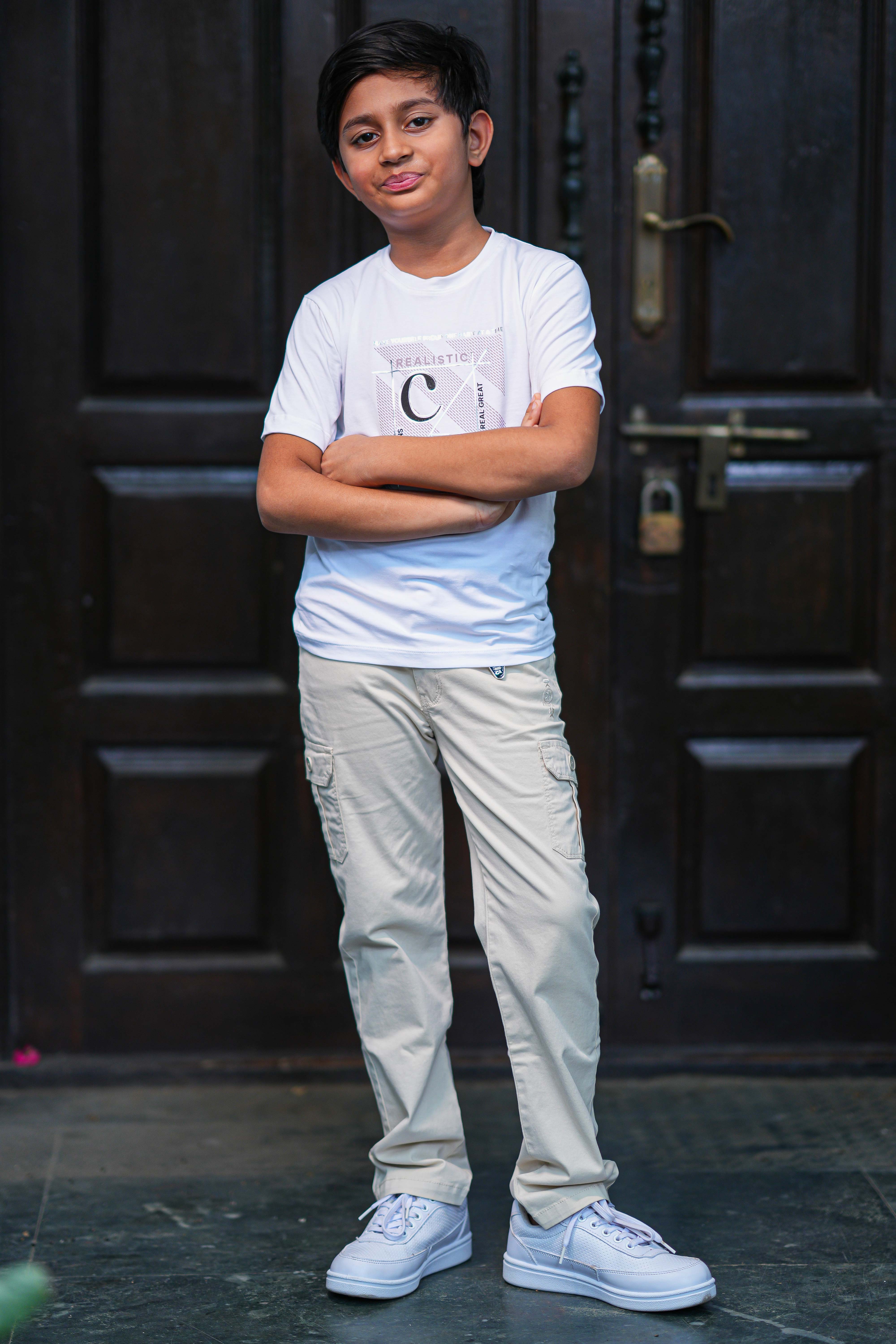Kids Lavender Button-Down Shirt and Graphic T-Shirt Combo with Cream Cargos