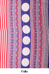 White Modal Silk Saree Body Detailing Contrast Red Vertical Stripes That Add a Sleek and Elegant Touch. The Pallu Are Highlighted Ajrakh Design Along With Blouse