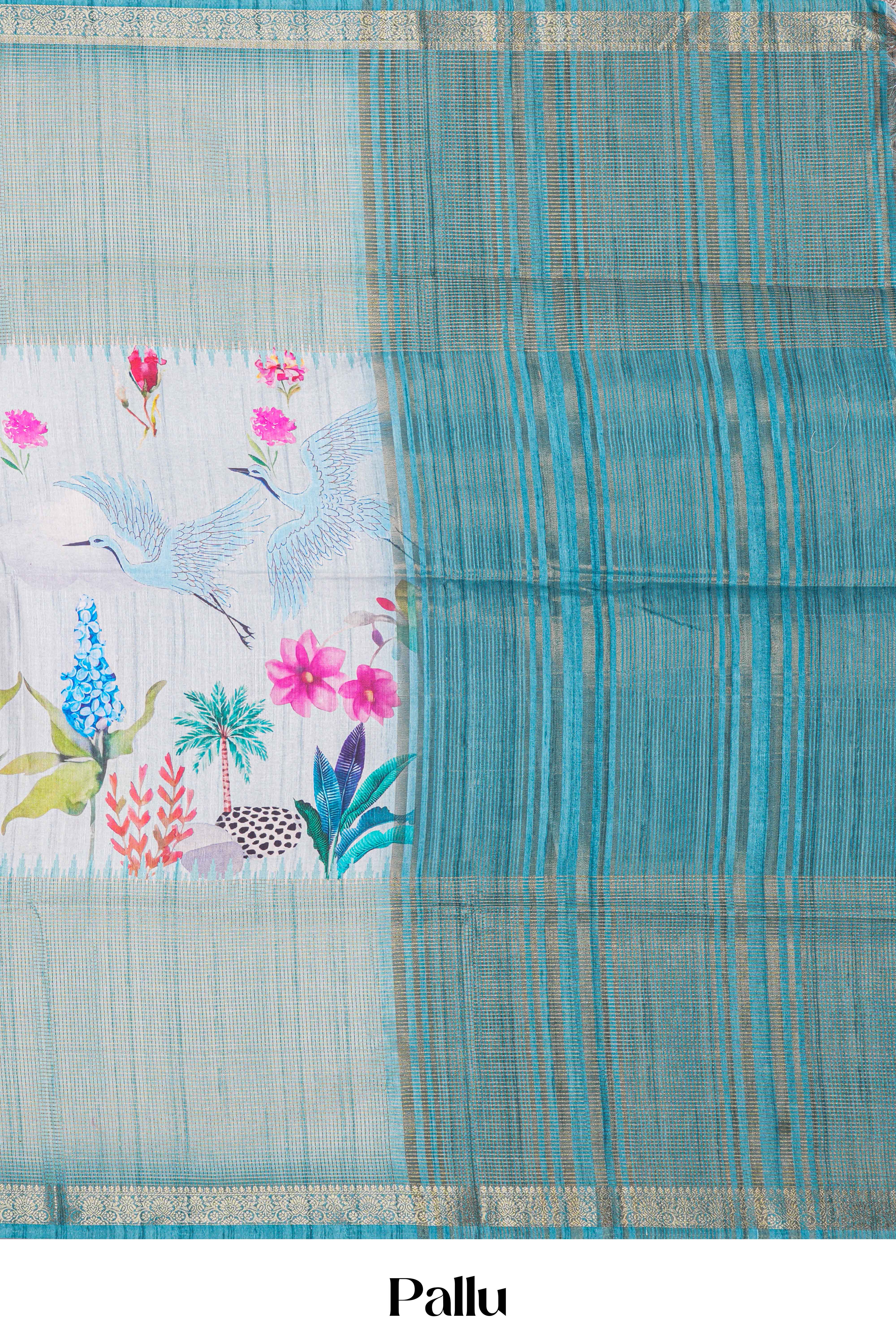 Teal Blue Art Tussar Saree Centre Floral Print Across The Body With Zari Stripes Pallu