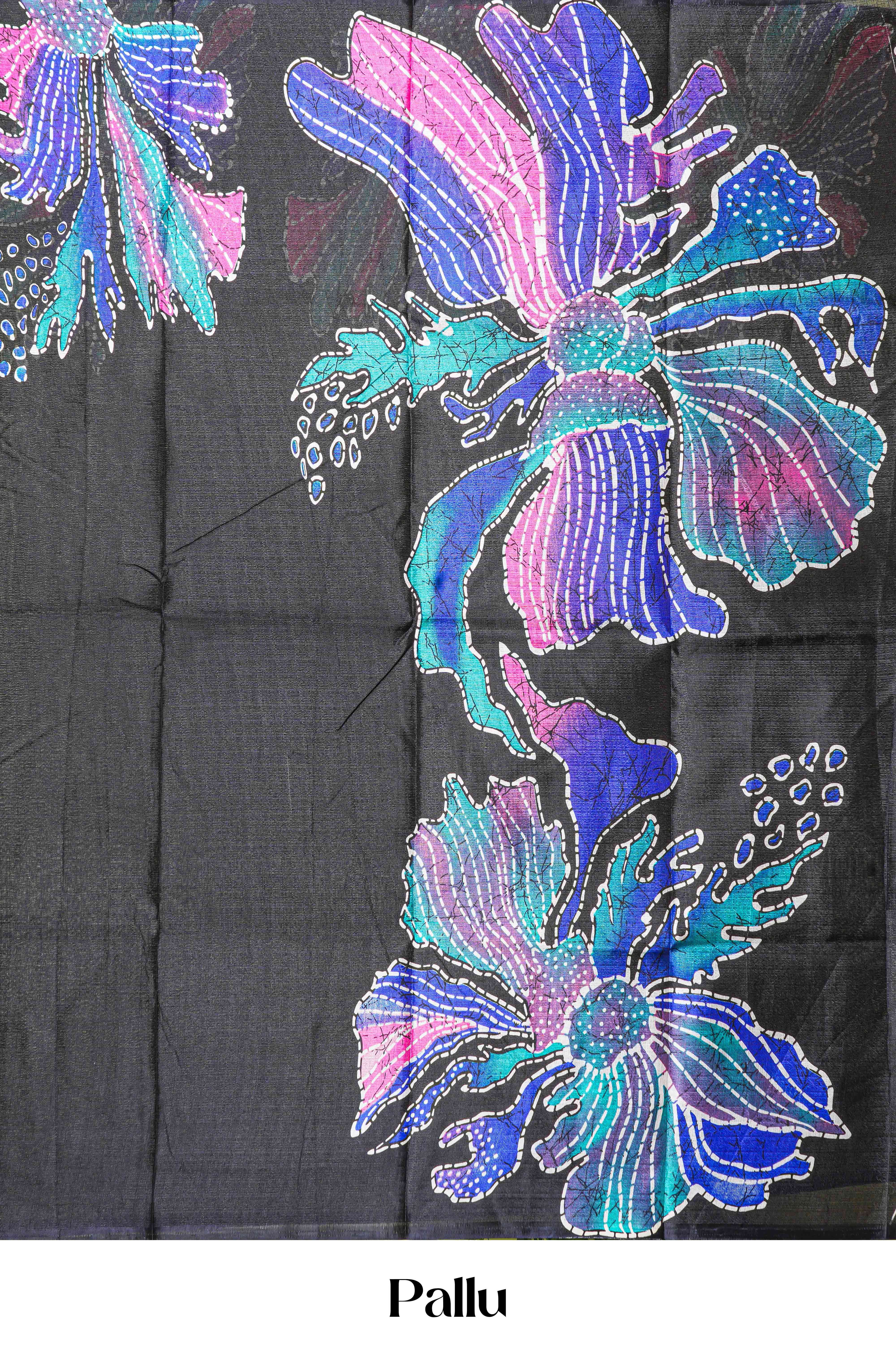 Black south cotton Saree With Multi Color Orchid Printed Across Body Along With White Dotted Blouse