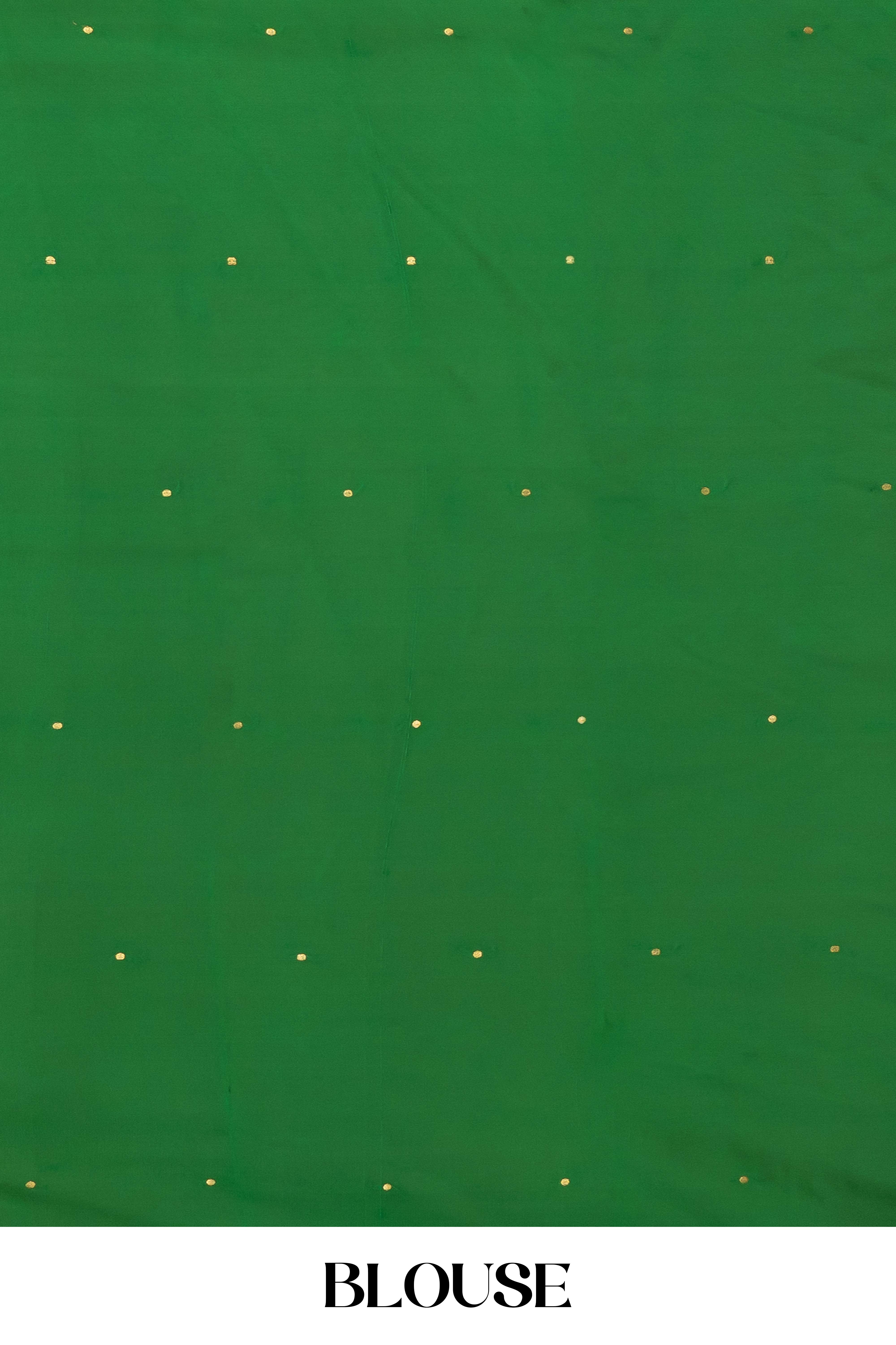 Rust Orange Mysore Pure Silk Saree with Green Zari Border and Contrast Green Pallu – Subtle Golden Buttas