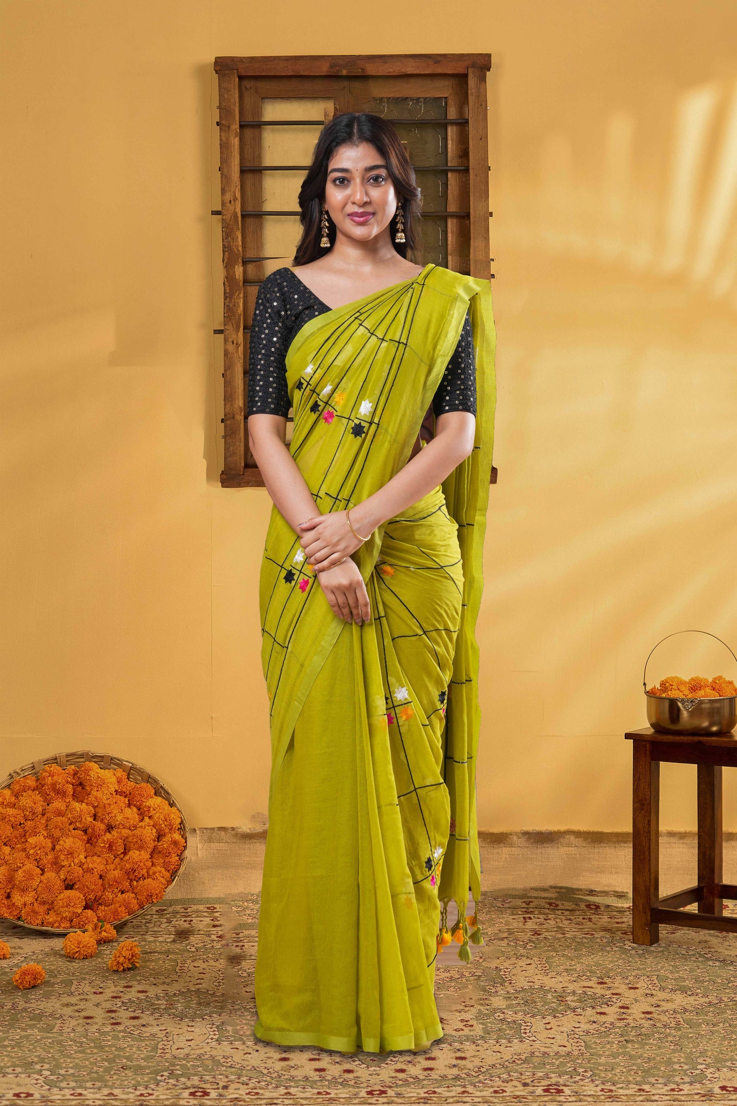 Olive Green Khadi Cotton Saree All-Over Check , Minimal Embroidery
