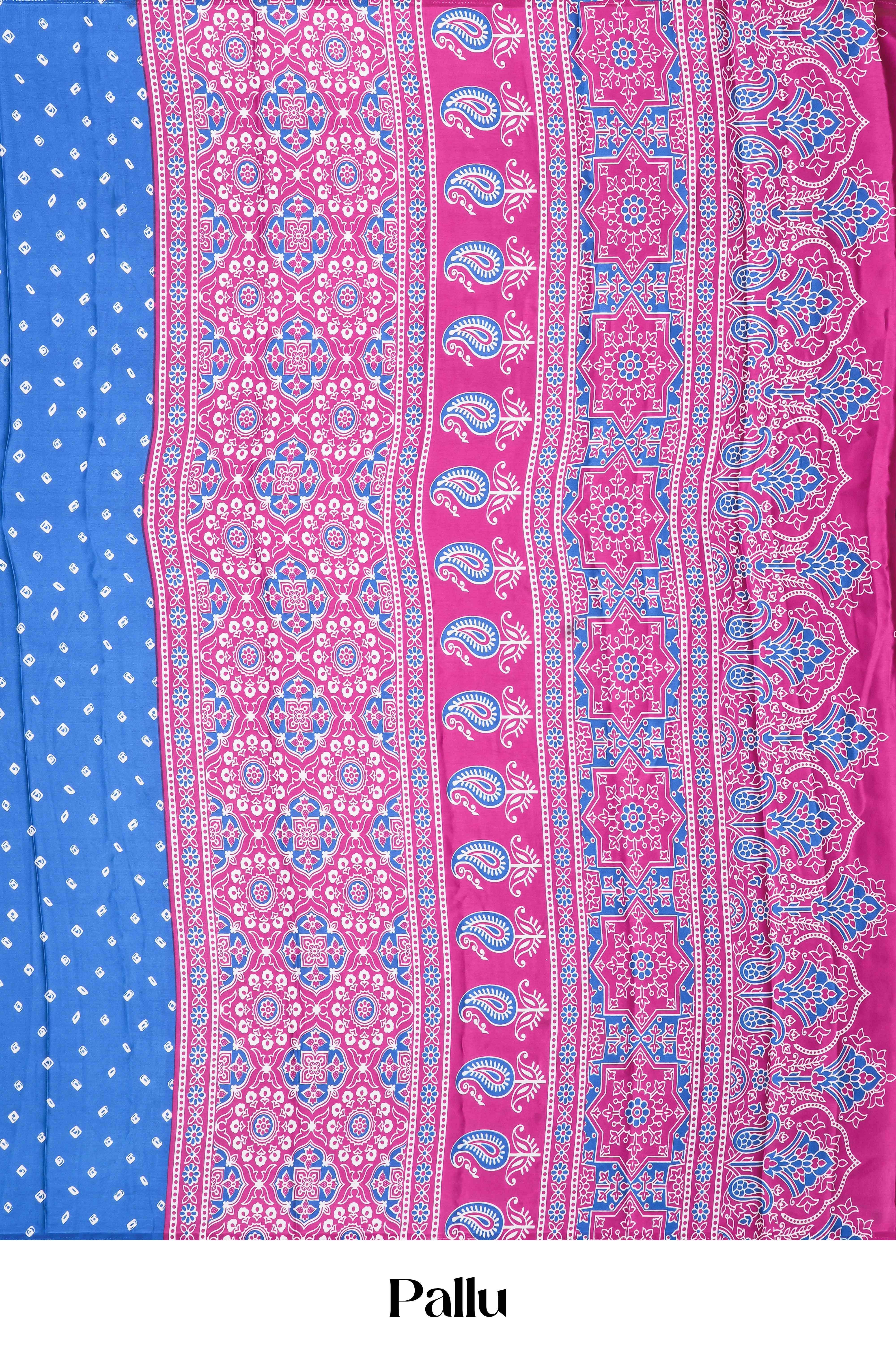 Blue Modal Silk Saree Bandhani Print Across The Body With Ajrakh Design Pallu Along With Contrast Blouse