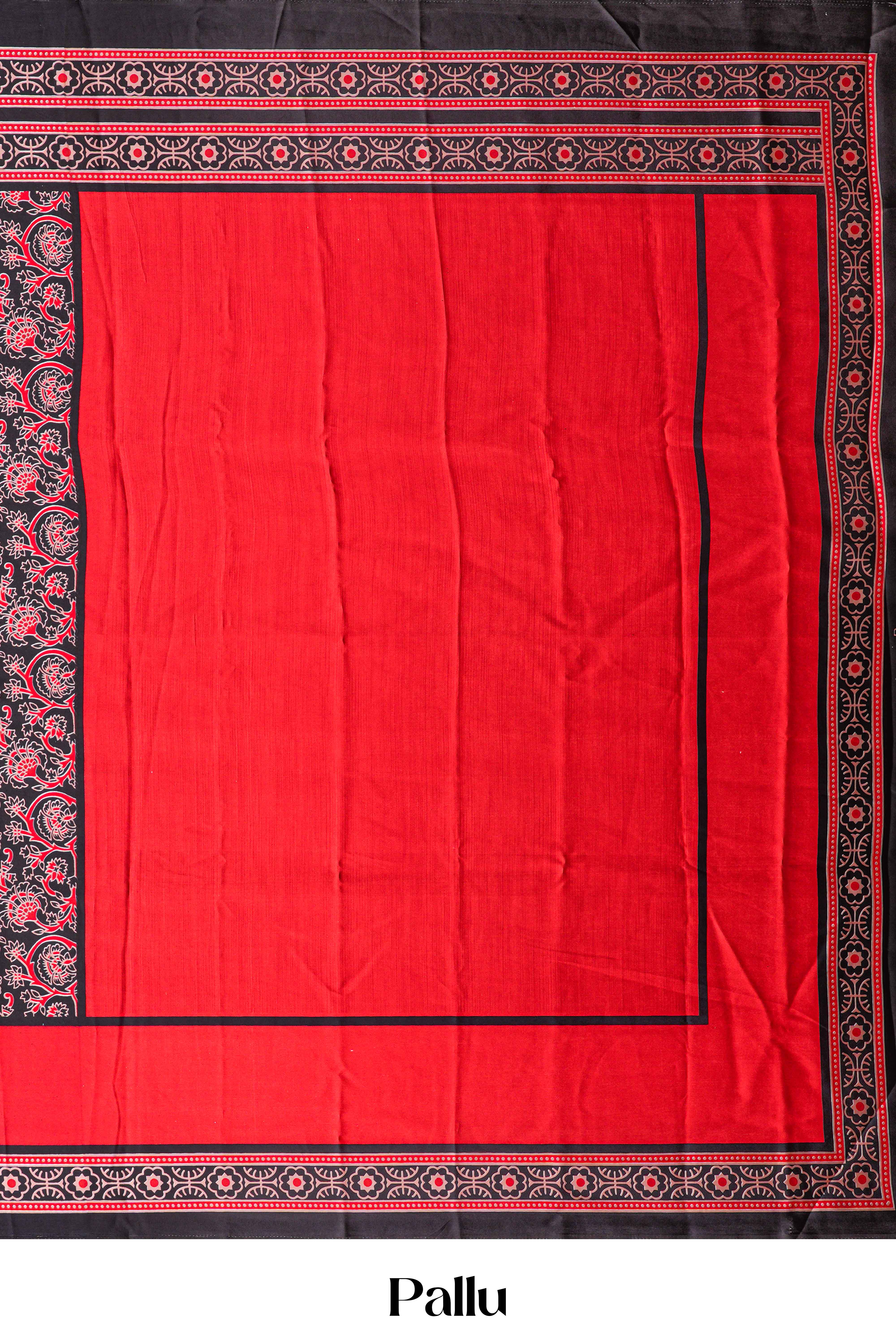 Black Modal Silk Saree The Body Has Ajrakh Design The Pallu Are Highlighted Vibrant Red Colour Along With Blouse