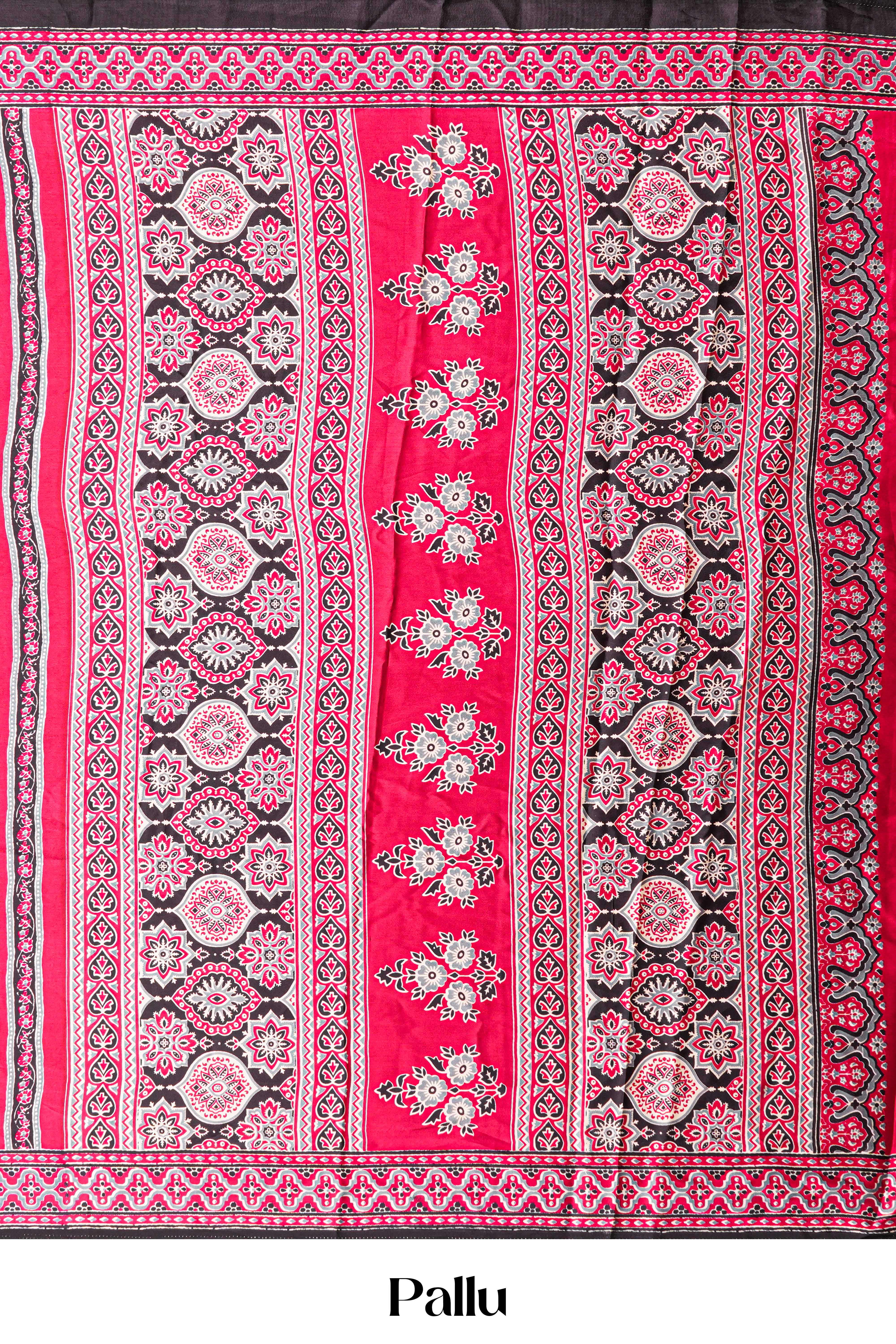 Red Modal Silk Saree The Body Has Ajrakh Design The Pallu Are Highlighted Vibrant Red Printed Along With Ajrakh Print Blouse