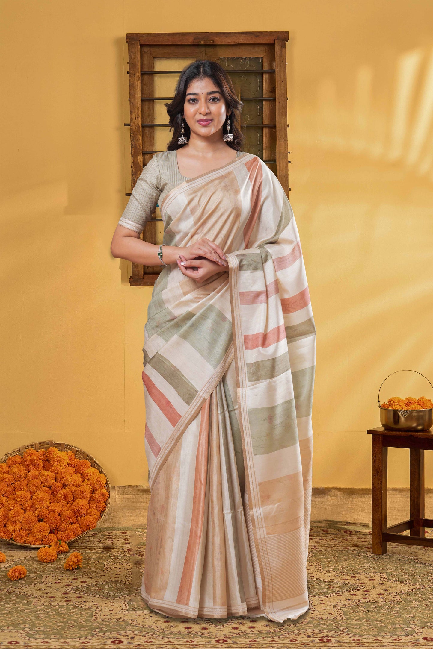 Sandal Art Tussar Saree Horizontal Stripes, Flower Motifs Across The Body And Golden Zari Pallu