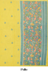 Yellow Linen Saree Flower Motifs Across The Body With Contrast Floral Design Pallu Along With Blouse