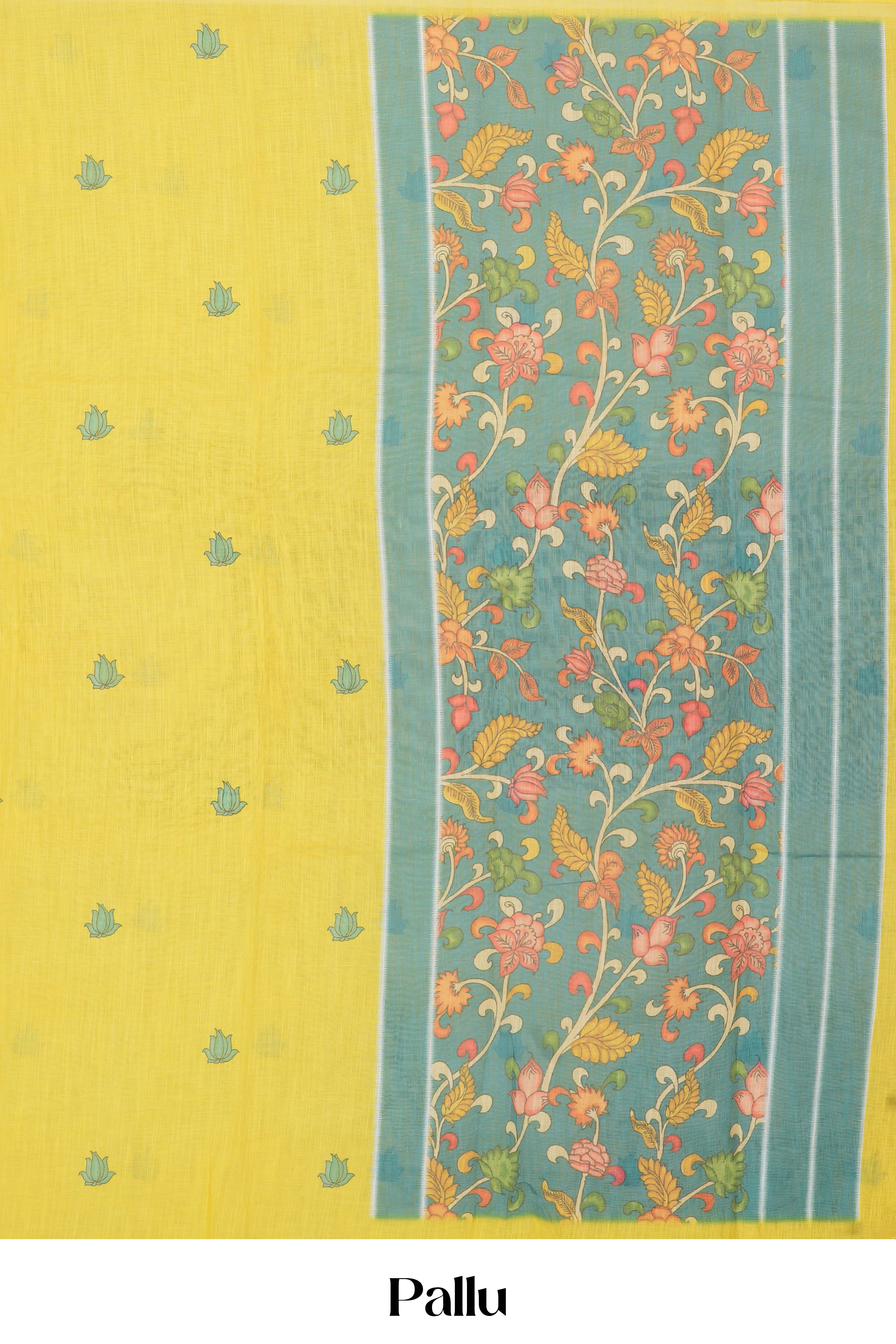 Yellow Linen Saree Flower Motifs Across The Body With Contrast Floral Design Pallu Along With Blouse