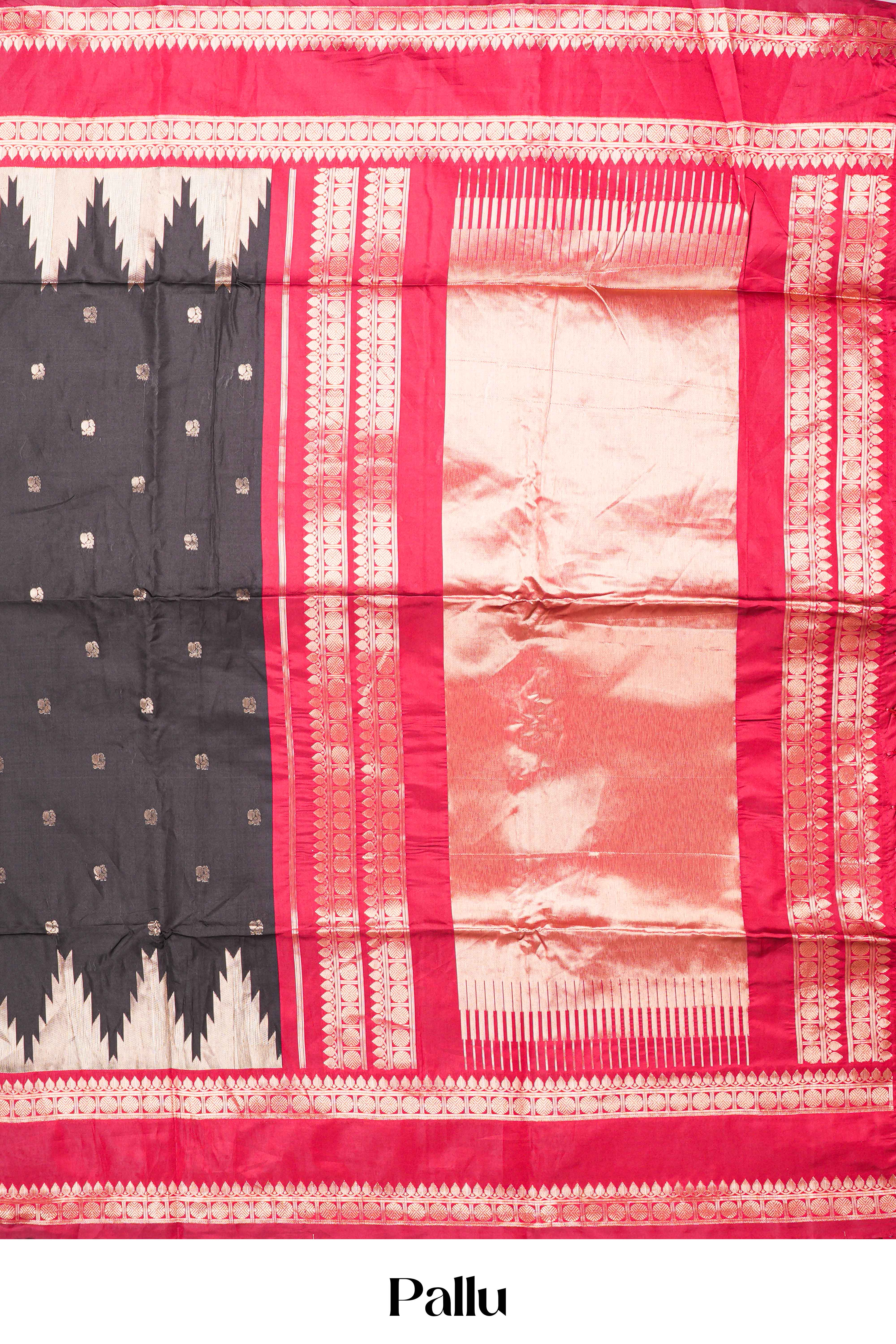 Black Semi Art Silk Saree Delicate Golden Zari Motifs Along With Thalampoo Zari Woven Across The BodyZari Weaving And Contrast Pallu